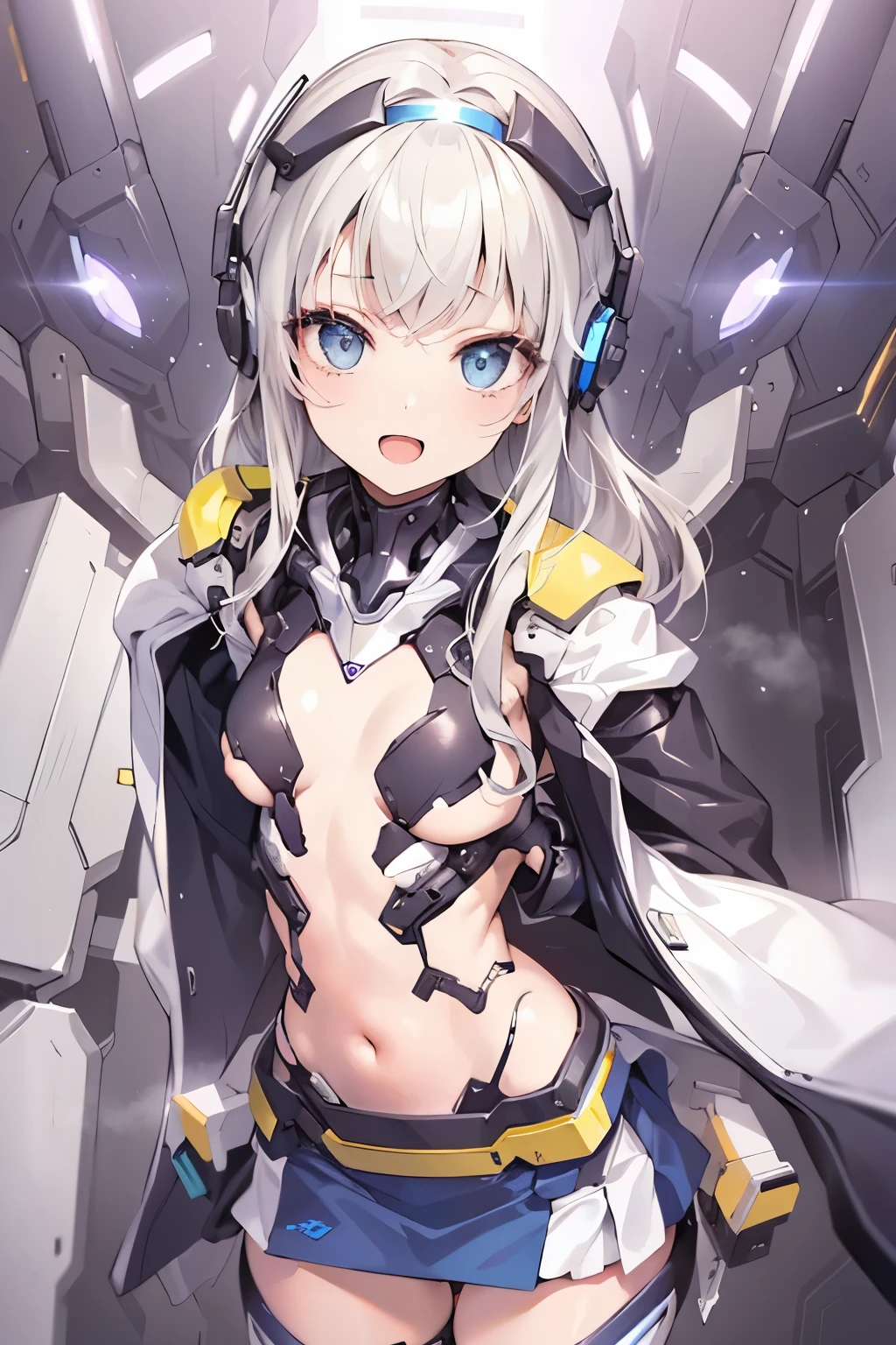 hetero couple, (cityscape:1.5), (NSFW, topless bare small middle boobies, uncensored bare pussy:1.6), (Face of love, I'm so happy:1.5), (cyborg girl:1.5), low , dynamic angle, stylish free pose, (headphone, mechanical fuselage, mechanical clothing), looking at the viewer, (hime cut, long hair:1.5), (blue mini skirt:1.5), plastic corset, Beautiful light effect, glowing skin, (removable long sleeves, very wide sleeve:1.5), (caution decal, corporate logotype:1.2), (small open mouth:1),