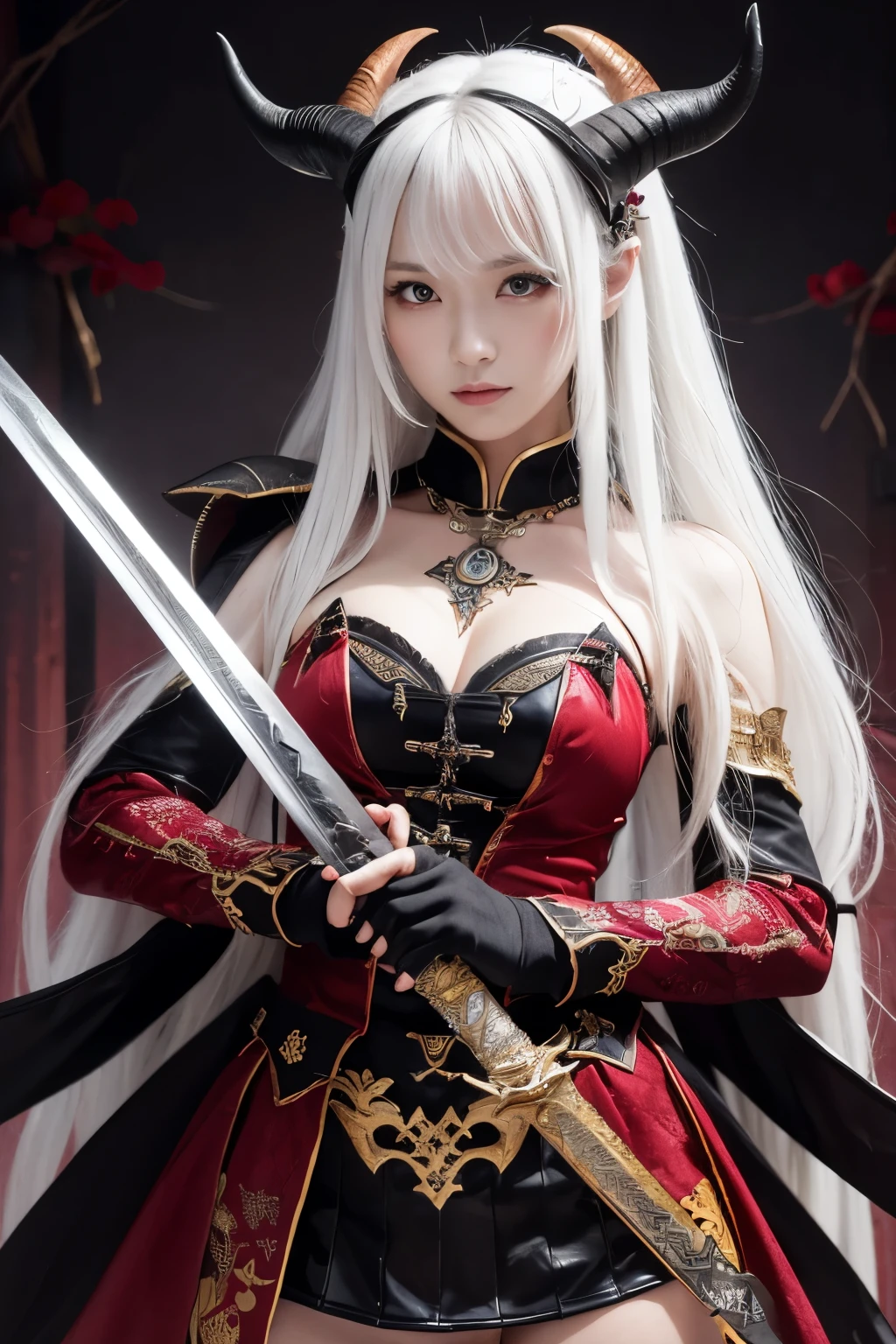 ( absurdly , high quality , Super detailed,See photographer ),  ((Pose of a swordsman holding a sword grip)) ((devil、vampire night))、1 girl, alone, (((very long white hair))), 美しいクリスタルのeye ( eye ) baroque, necklace, elegant, colorful、leather mini skirt,(((4 giant black goat horns,devilの角))),,A fusion costume of armor and Chinese dress with detailed and beautiful colorful patterns.,background of the demon world