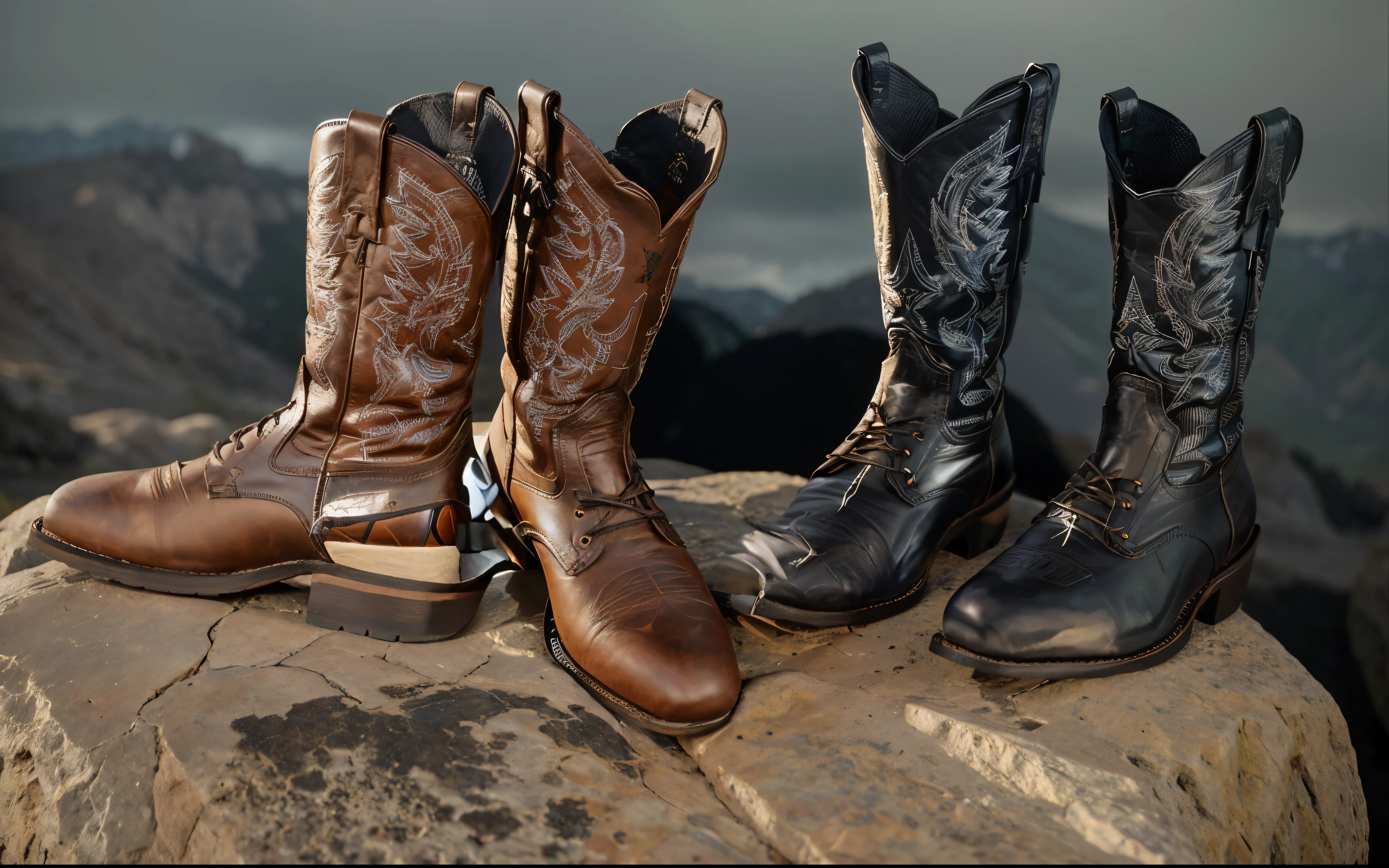 three pairs of cowboy Botas sitting on a rock in front of a mountain, cowboy Botas, riding Botas, cel shading pbr, leather Botas, estilo fotorrealista, Botas!!!!!!, fotorrealista altamente detalhado, 3D Product Rendering, altamente detalhado, hyper-realistic detailed rendering, estilo realista de foto, leather clothing and Botas, fotorrealismo de alta qualidade, highly detailed rendering, detalhes hiper-realistas, estilo hiper realista, tanga, roupas abertas no peito, roupas muito detalhadas e ricas, forma corporal realista, art station aesthetic, estilo hiper realista, estilo de arte fotorrealista, highly detailed rendering, realistic rendering, altamente detalhado, | | sombreamento realista