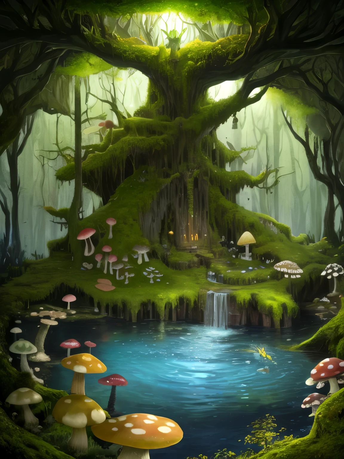 inside a dark cave、large tree、There is a pond in the center、The only light source is the light moss、lots of beetles、giant mushroom