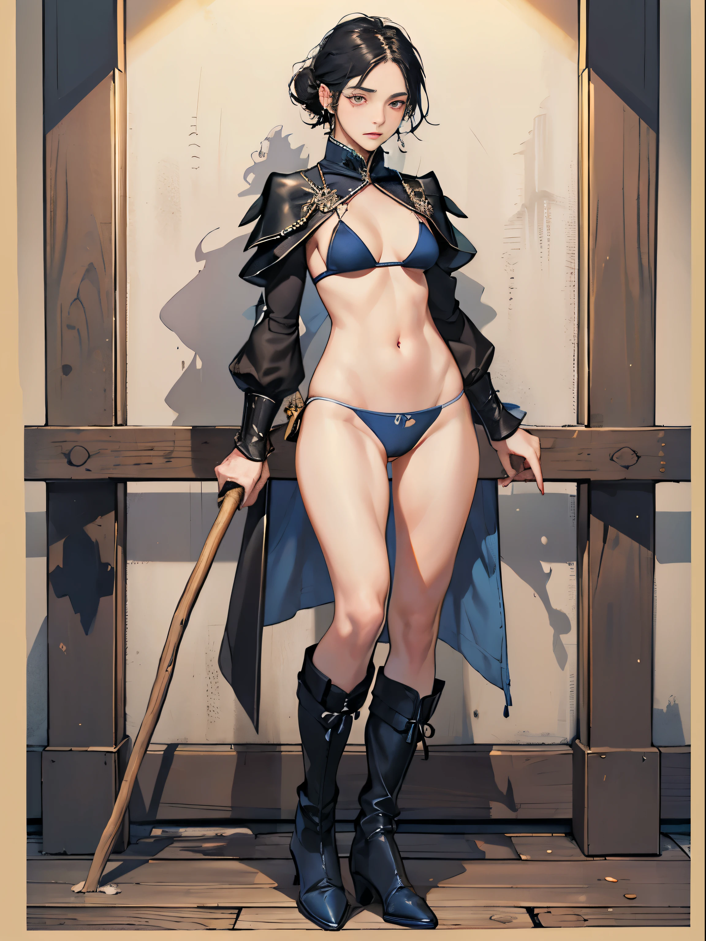 (((((middle-aged women))))), masterpiece, super detailed, 8K portrait, RAW photo, portrait photography, highly detailed face, ((fantasy)), 1 female, (((short woman))), (((magician))), (((((nervous look))))), (((Are standing))), (((white panties))), (((((Panties with stains, Pee stains))))), (((((pussy juice))))), (((A face full of errors))), 33 years old, (((slut))), (((((Pee smell))))), (((bad smell))), (((Black little eyes))), (((black straight hair))), (((Sideburns hide a long face))), Larger earrings, (((white skin color))), (((((Dusky blue ultra-fit puffy sleeve bikini))))), (((Kamto))), chest pocket, (((black silk cloak))), (((little waist hip pouch))), (((leather boots))))), (((Equip a long wooden stick))), midday sun, surreal, ((((flat chest)))), (((((small breasts))))), (((thick thighs))), long legs, In the medieval adventurer&#39;s guild, environmental lighting, shadow details , Focus the camera on the thigh, strong wind, light fog