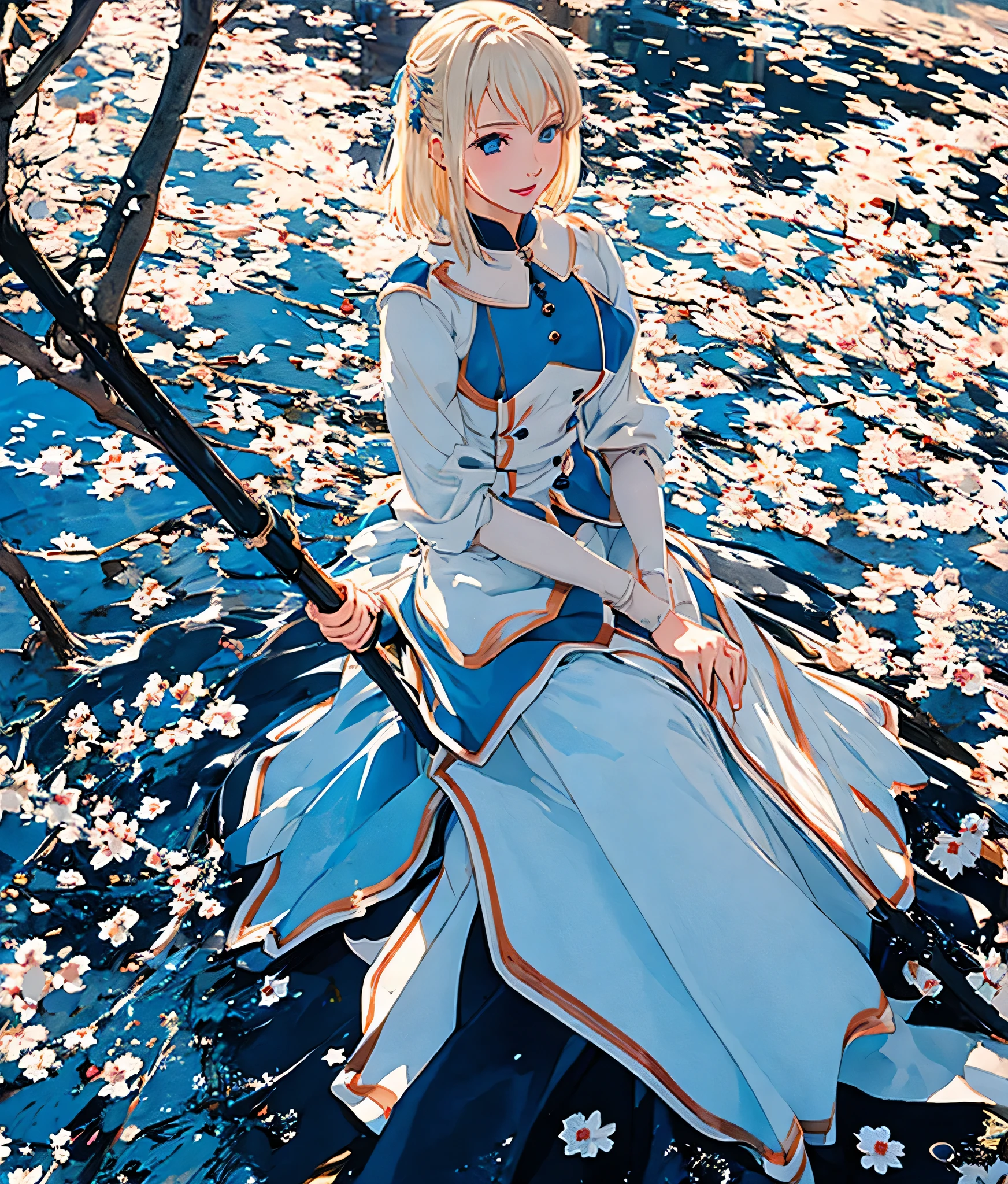 masterpiece, high res, detailed face, detailed eyes, anime screencap, 1 girl, solo, casting water magic, slender, short hair, white blonde hair, medium breasts, blue eyes, blue dress, serious, blue magic , outdoors, full body, cowboy shot, smiling, sitting
