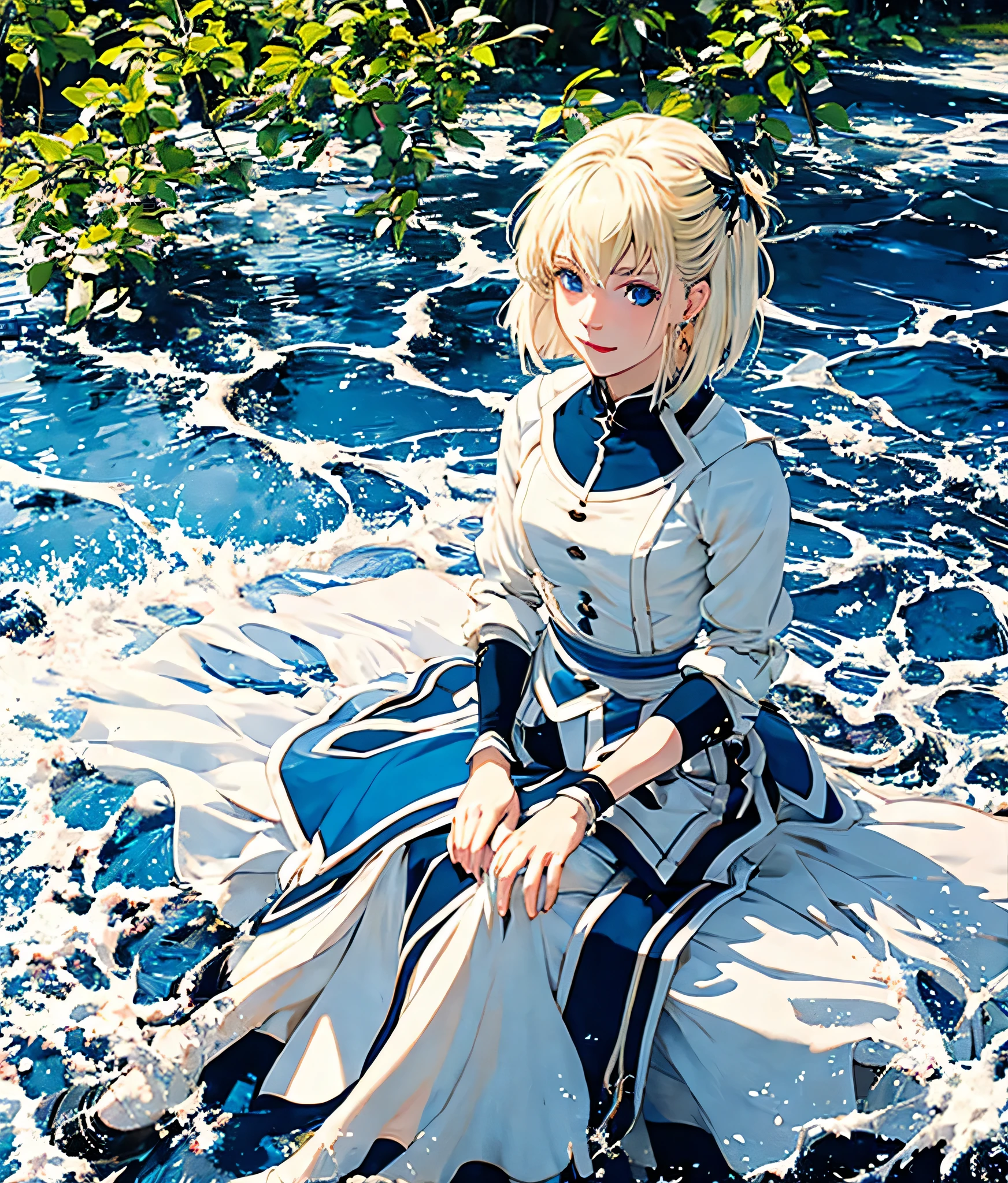 masterpiece, high res, detailed face, detailed eyes, anime screencap, 1 girl, solo, casting water magic, slender, short hair, white blonde hair, medium breasts, blue eyes, blue dress, serious, blue magic , outdoors, full body, cowboy shot, smiling, sitting
