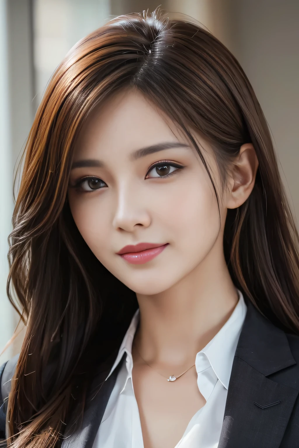 table top, highest quality, realistic, Super detailed, finely, High resolution, 8k wallpaper, 1 beautiful woman,, light brown messy hair, wearing a business suit, sharp focus, perfect dynamic composition, beautiful and detailed eyes, thin hair, Detailed realistic skin texture, smile, close-up portrait, model body shape