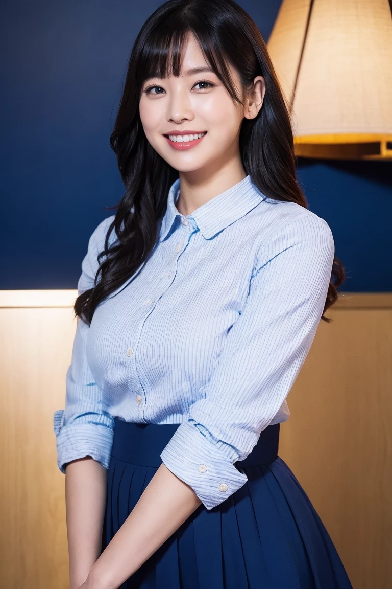 medium view, medium shot, Depth of written boundary, bust, Upper body, cinematic angle, masterpiece, highest quality, Super detailed, CG, 8k wallpaper, beautiful face, delicate eyes, maiden, alone, smile, bangs, skirt, shirt, have, cobalt blue dress with gold trim, laugh mischievously、flower background