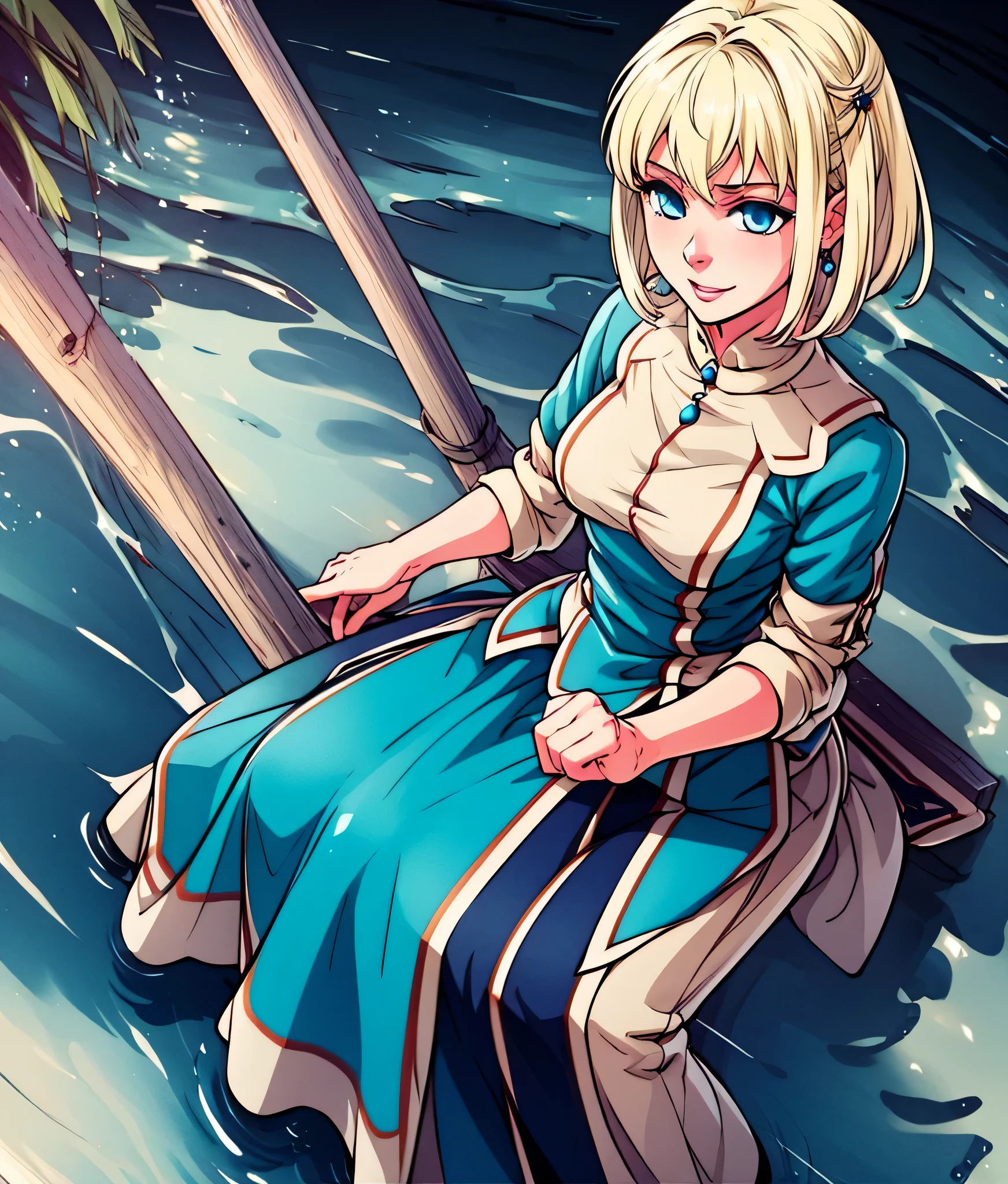 masterpiece, high res, detailed face, detailed eyes, anime screencap, 1 girl, solo, casting water magic, slender, short hair, white blonde hair, medium breasts, blue eyes, blue dress, serious, blue magic , outdoors, full body, cowboy shot, smiling, sitting
