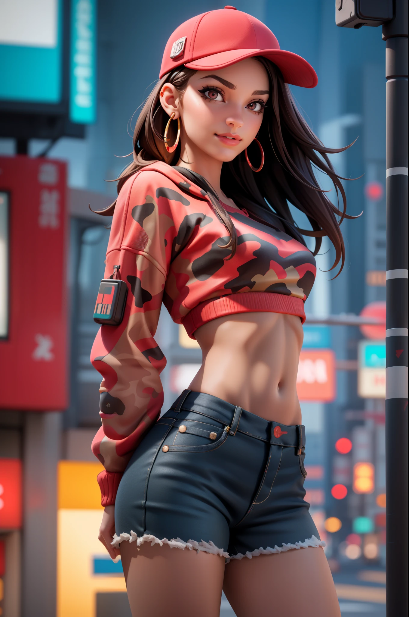 1girl, beautiful, smirk, wearing a hat, earrings, red camo sweatshirt, red_short shorts, long hair, brown hair, mascara, nose lips, standing, midriff, naval, earrings, (realistic:1.5), cyberpunk, neon city, neon lights, 3d, cgi, volumetric lighting