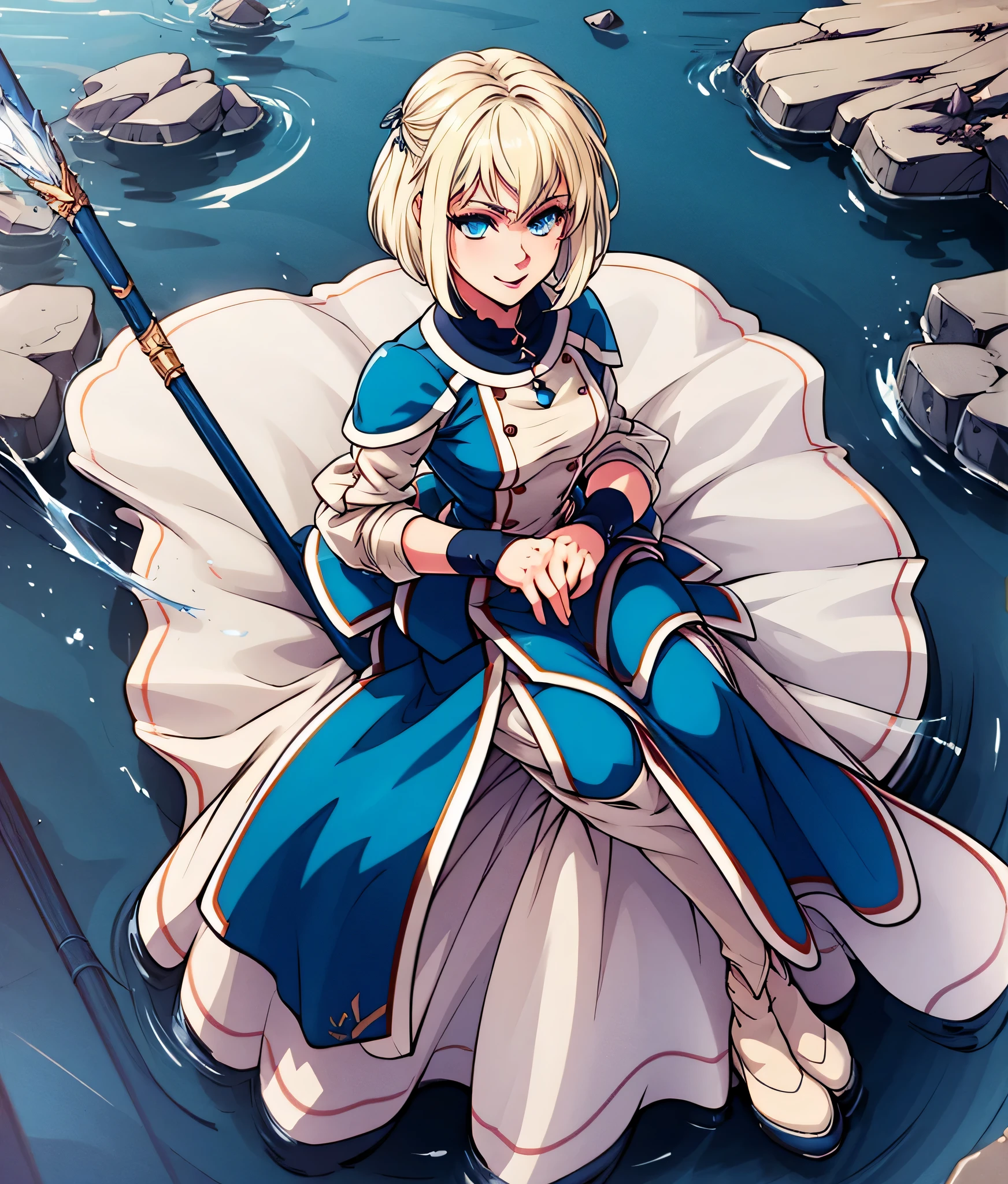 masterpiece, high res, detailed face, detailed eyes, anime screencap, 1 girl, solo, casting water magic, slender, short hair, white blonde hair, medium breasts, blue eyes, blue dress, serious, blue magic , outdoors, full body, cowboy shot, smiling, sitting
