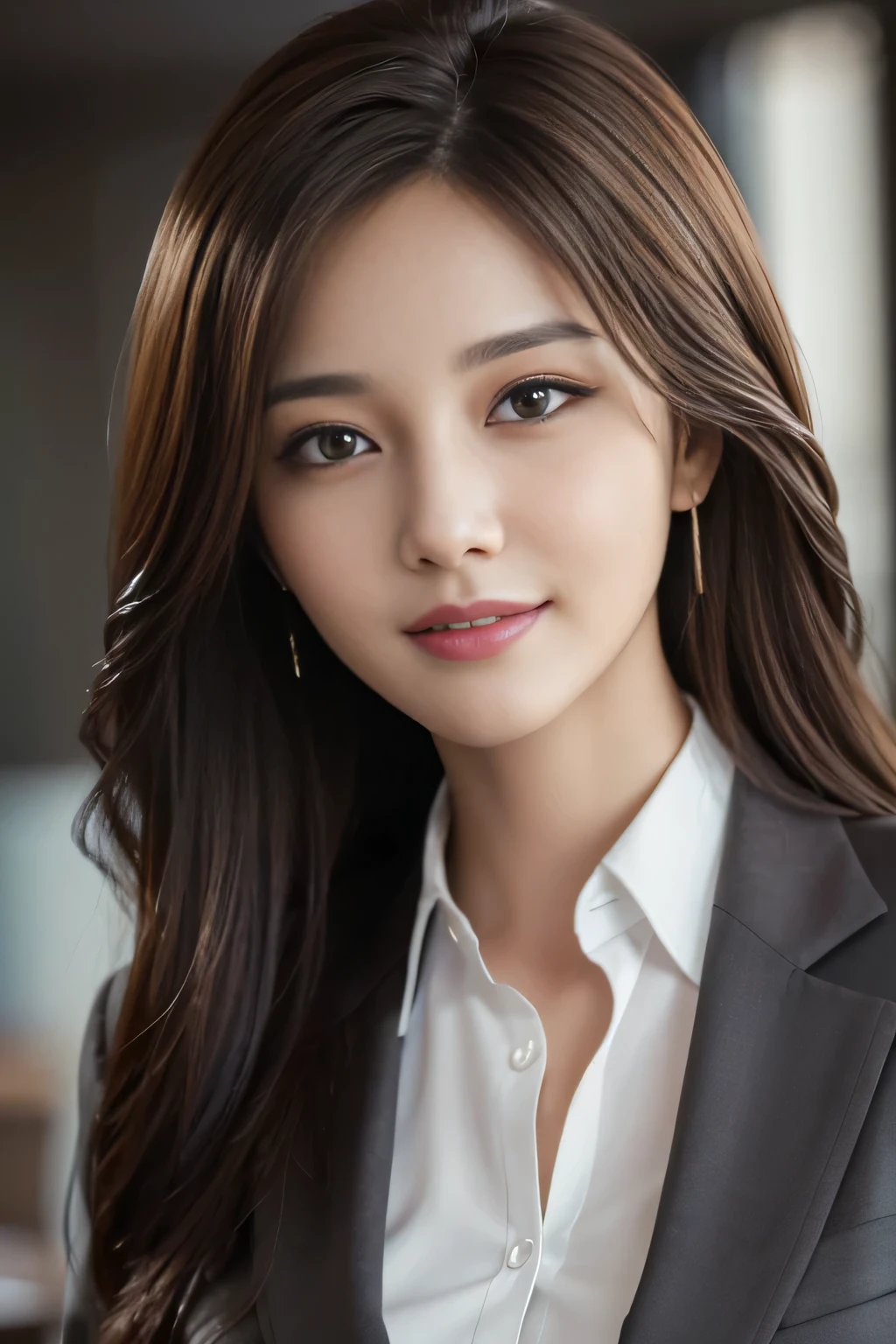 table top, highest quality, realistic, Super detailed, finely, High resolution, 8k wallpaper, 1 beautiful woman,, light brown messy hair, wearing a business suit, sharp focus, perfect dynamic composition, beautiful and detailed eyes, thin hair, Detailed realistic skin texture, smile, close-up portrait, model body shape