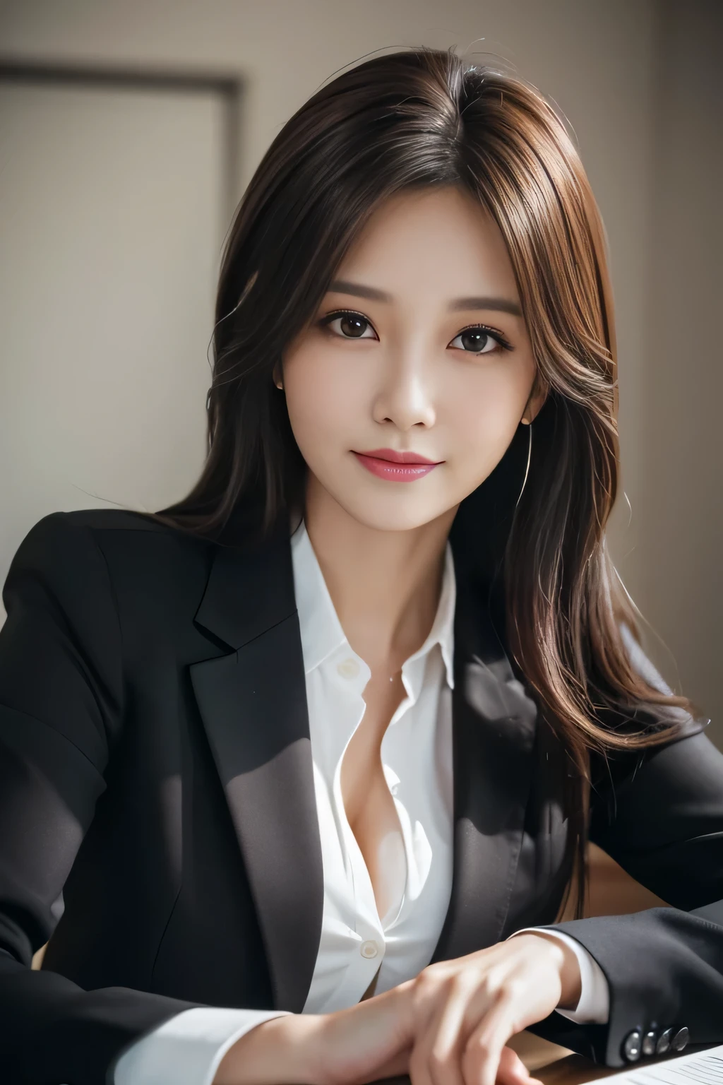 A woman in a suit sitting at a desk with a laptop - SeaArt AI