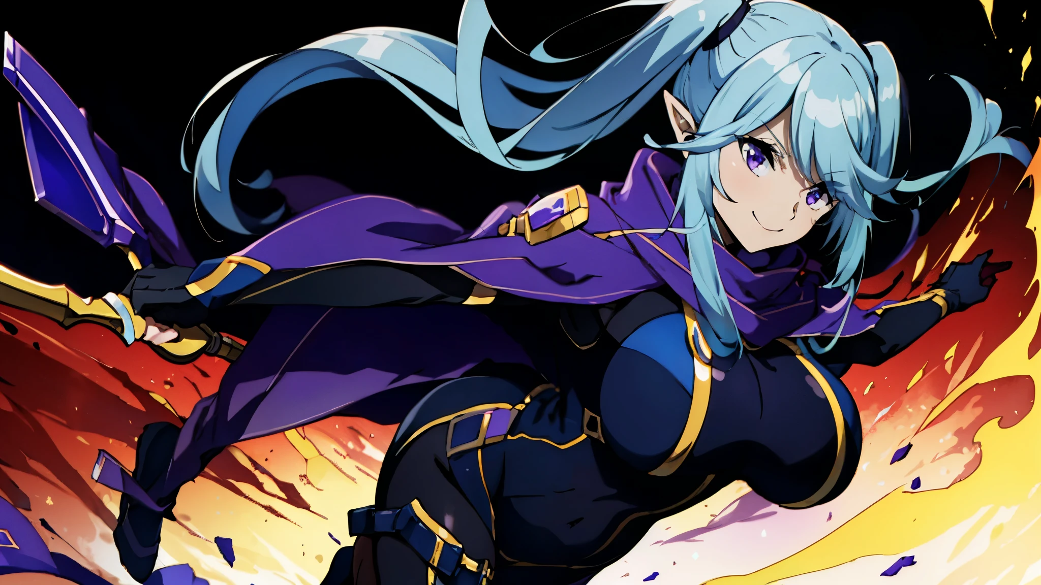 a anime female wearing a blue dress is holding a spear in hand, 1girl, solo, breasts, purple eyes, pointy ears, twintails, smile,sideview,fullbody,pov, large breasts, long hair, purple scarf, white background, looking at viewer,Twin tails, Purple Eyes, Light Blue hair, Black Bodysuit, Covered Navel, Thigh highs, Black Gloves,colorful background