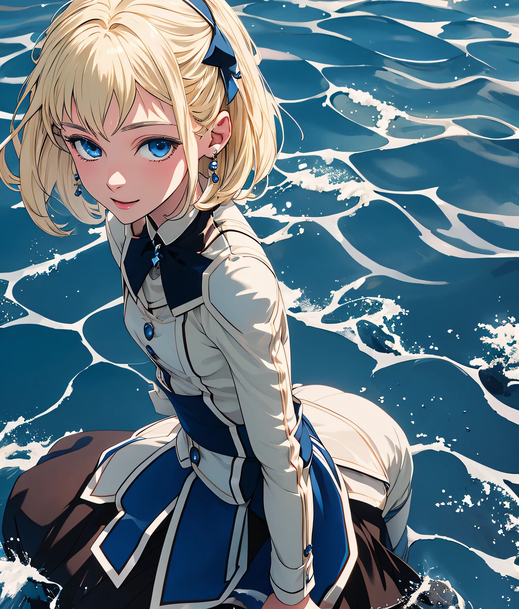 masterpiece, high res, detailed face, detailed eyes, anime screencap, 1 girl, solo, casting water magic, slender, short hair, white blonde hair, medium breasts, blue eyes, blue dress, serious, blue magic , outdoors, full body, cowboy shot, smiling, sitting