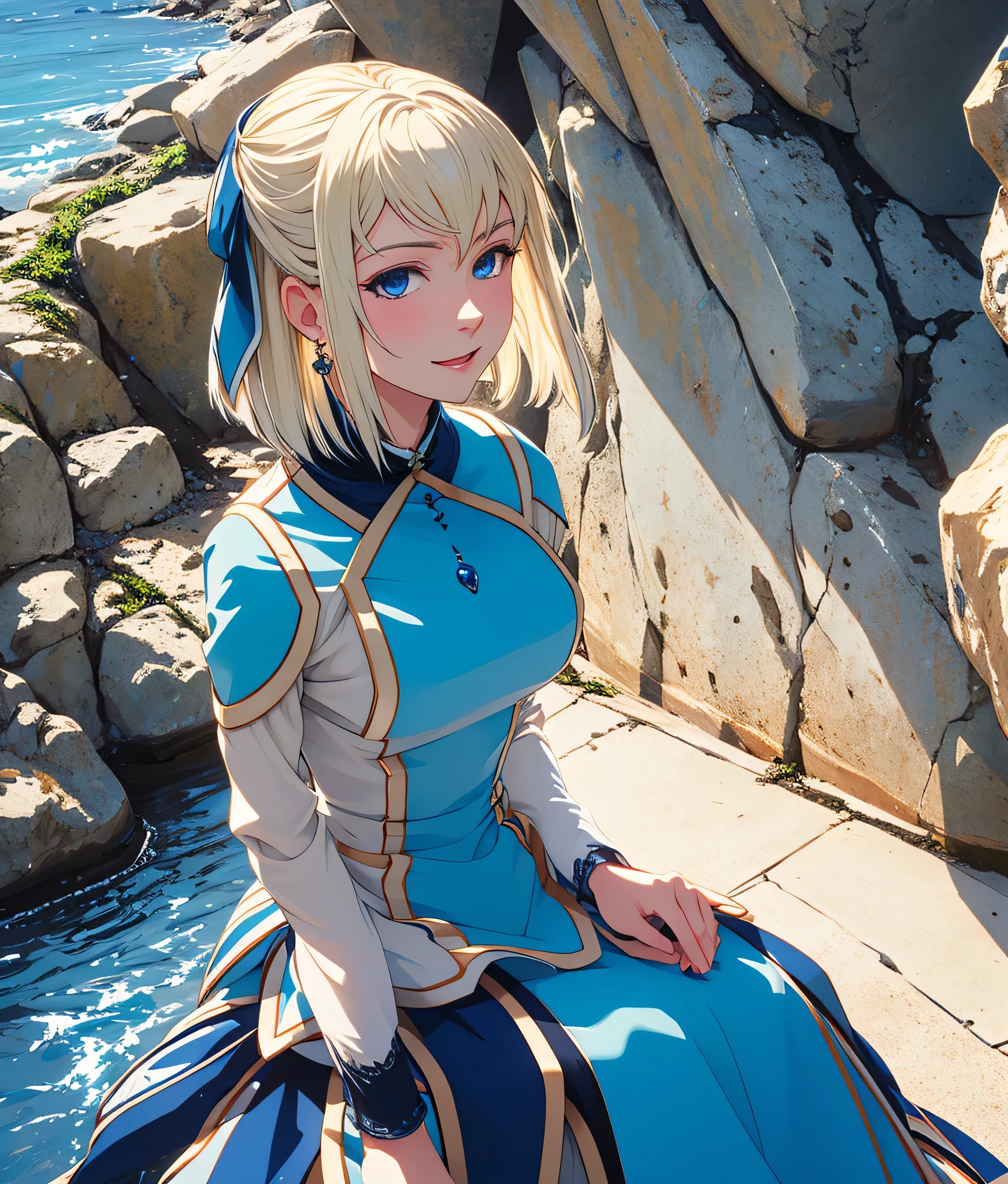 masterpiece, high res, detailed face, detailed eyes, anime screencap, 1 girl, solo, casting water magic, slender, short hair, white blonde hair, medium breasts, blue eyes, blue dress, serious, blue magic , outdoors, full body, cowboy shot, smiling, sitting