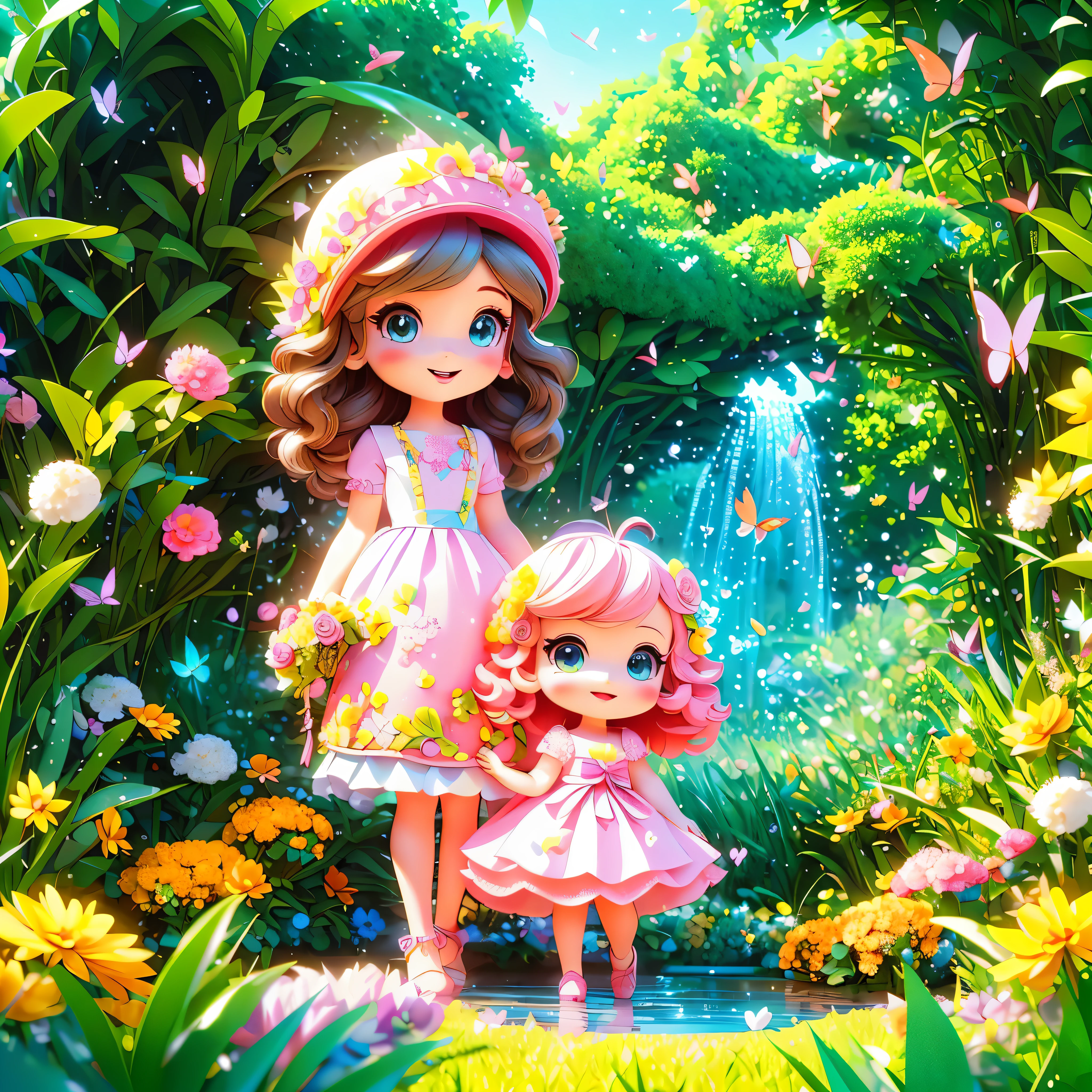 mystisch, beschwingt, und bezaubernde Szene (best quality,4k,8k,highres,Meisterwerk:1.2),ultradetailliert,Realistisch,photoRealistisch:1.37, filled with bright colors) Darstellung einer Welt voller Magie und Wunder, speziell entwickelt, to win the hearts of little girls. The main focus of the picture is two adorable girls (2 girls) with big, leuchtende Augen, rosige Wangen, and radiant smile. Her expressive eyes are beautifully detailed, expressing a feeling of curiosity and innocence. Auch ihre Schmolllippen sind exquisit wiedergegeben, verleihen ihren bezaubernden Gesichtern Charme.

The girls are surrounded by a fascinating garden, which blooms with vibrant flowers of every hue and shade imaginable. Rosen, Tulpen, and daisies cover the scene, This creates a colorful symphony of petals. The flowers are available in different sizes and colors, from delicate pastel tones to bold and eye-catching tones, Den Garten vor Leben und Energie strotzen lassen.

To enhance the magical atmosphere, (magische Beleuchtung) floods the scene, for quiet, Warme Lichtstrahlen, which gently illuminate the girls and the surrounding flora. Die Beleuchtung schafft ein traumhaftes Ambiente, as if the garden were bathed in the magic of a fairytale world.

The girls are dressed ethereally, flowing dresses, decorated with delicate lace and ribbons. The clothes fall down her body, spiegelt die zarte Bewegung der Blumen im Wind wider. The girls&#39; outfits are designed in pastel colors, They complement the overall color palette and contribute to the mood of the scene.

While the girls wander through the garden, Sie entdecken magische Kreaturen, Peeking through the leaves. Butterflies flutter around her with iridescent wings, Add an element of fantasy to the scene. Sterben Sie zarte Insekten, mit ihren aufwendigen Mustern und beschwingten Farben, bring the garden to life with their graceful presence.

In der Ferne, A sparkling stream winds through the garden, reflects the lush surroundings. Die water glistens under the sun's rays, Dadurch entsteht ein faszinierender Schimmer, der dem Bild Tiefe und Ruhe verleiht. The stream is surrounded by blooming water lilies, Their petals float delicately on the surface of the water.

The general atmosphere of the scene is one of joy, wonder, und Abenteuer. Es transportiert den Betrachter, especially little girls, in eine Welt, where dreams come true and there are no limits to your imagination. Die (Picture for little girls) ist eine Einladung, die Magie zu erkunden, die in ihren Herzen liegt, und ermutigt sie, to embark on their own extraordinary journey.