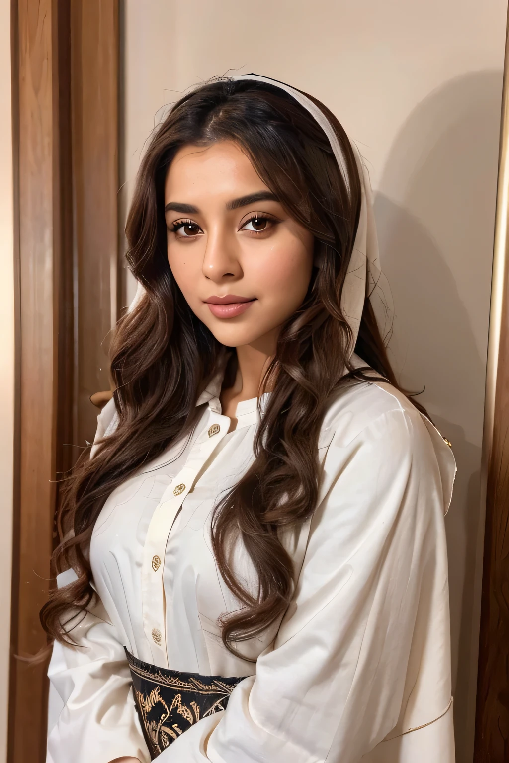 high Quilty, real, Instagram influencer profile, reem A 25 year women with Saudi roots, almond round light brown eyes, light Arabic skin, full cute lips, chocolate cherry wavy hair medium long, wearing simple white abaya