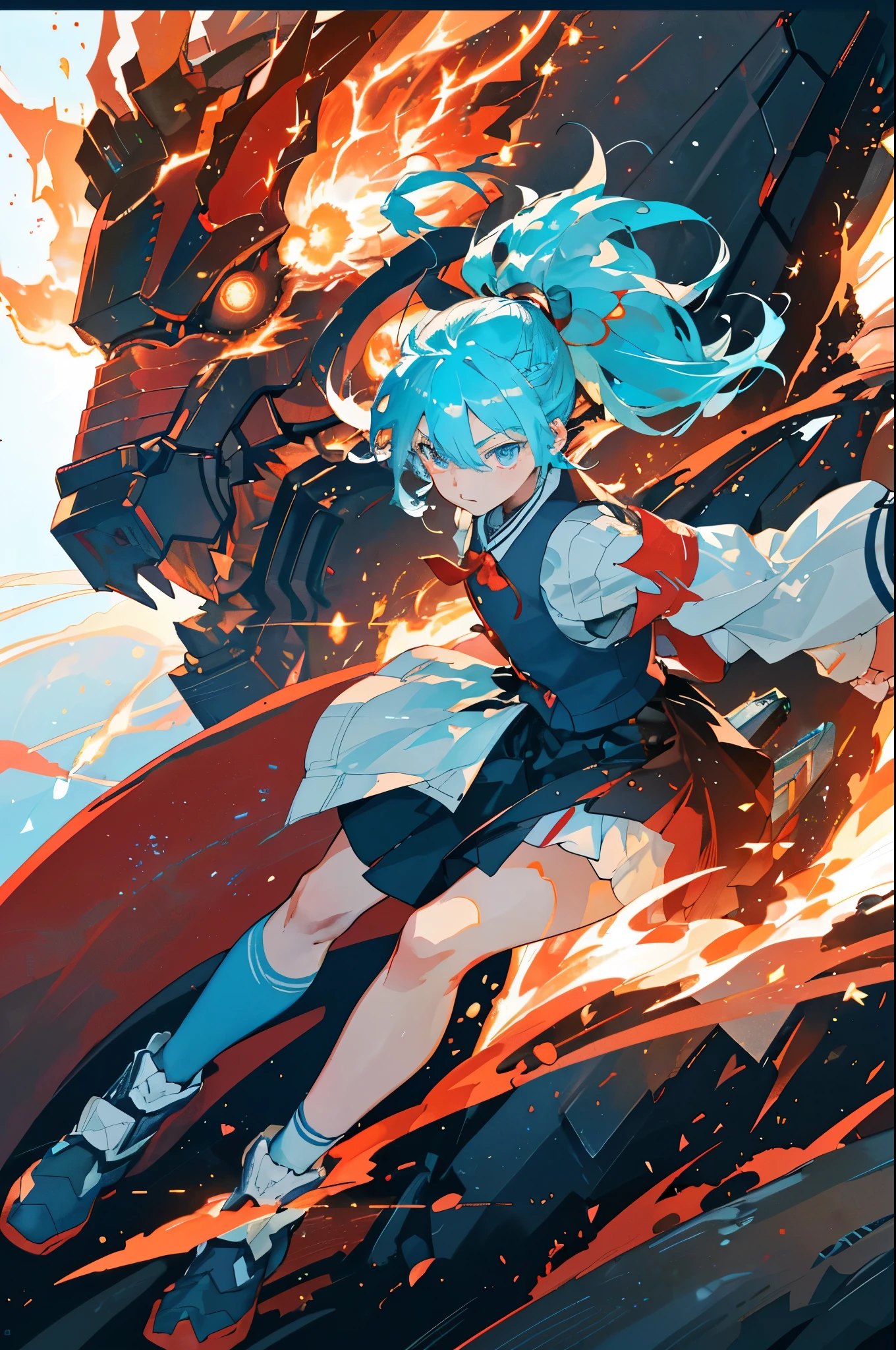 最high quality、Best image quality、masterpiece、teenage girl((20 years old、 by becoming、vest bust、medium bust,Big chest tea、shining eyes, light blue hair、long hair、thin,highest valley、ponytail、Monster arm、monster legs arms、fighting stance)),high quality、beautiful art、background((spark、in flames、red light))、flight、debris flying、writing border depth、、visual art、perfect art、8k,real、