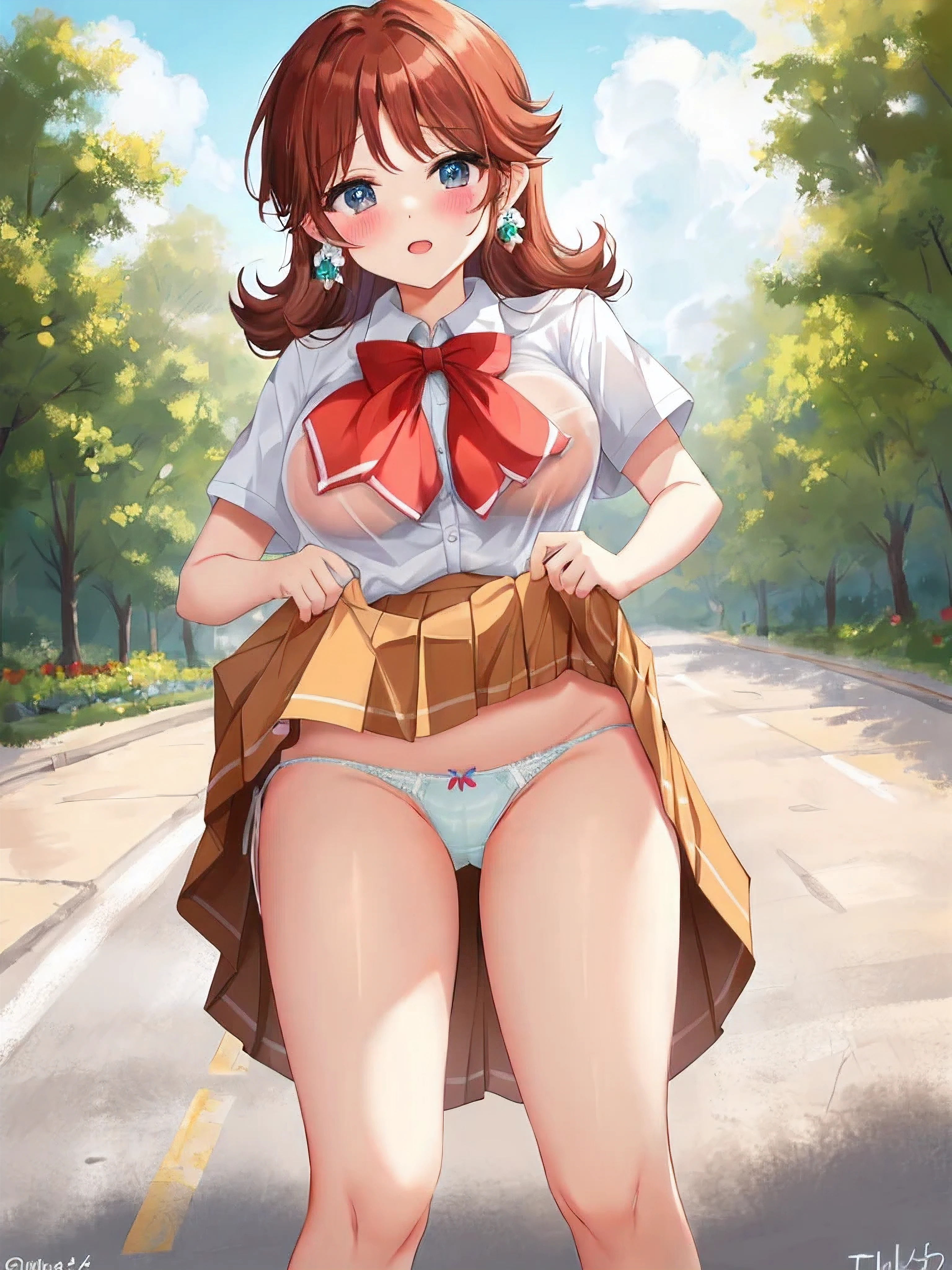 princesa margarita, cadera ancha, muslos gruesos, uniforme escolar, falda plisada, levantamiento de falda, tetas desnudas, tacones altos, mangas cortas,(Camisa blanca:1.3),(Falda que se enrolla:1.3)、(Bragas completamente expuestas:1.5),、rubor rojo