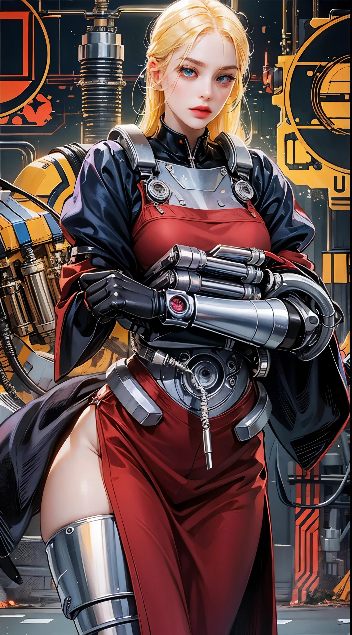 Beautiful woman, cybernetic eye (left), cyborg prosthesis, yellow hair, blue eye (right), robotic arms, wide hips, robotic legs, red dress, electrical cables. Mechanical landscape, metallurgical blacksmith shop, construction zone.