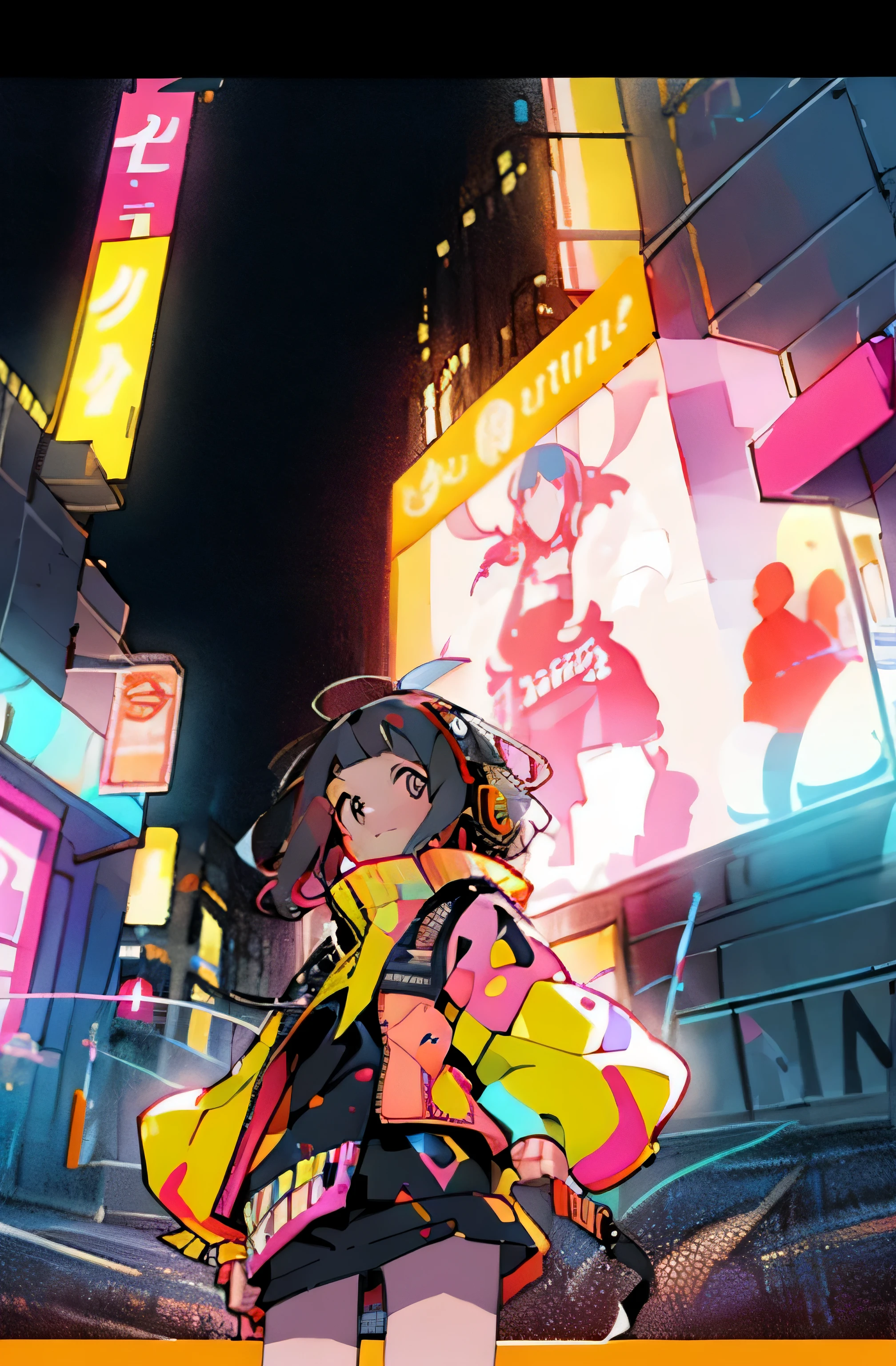 masterpiece, highest quality, 1 girl, city pop, night, neon light, looking at something else, Upper body, vector illustration, Jacket, light smile, dull bangs, long hair, thin waist,guitar,headphones