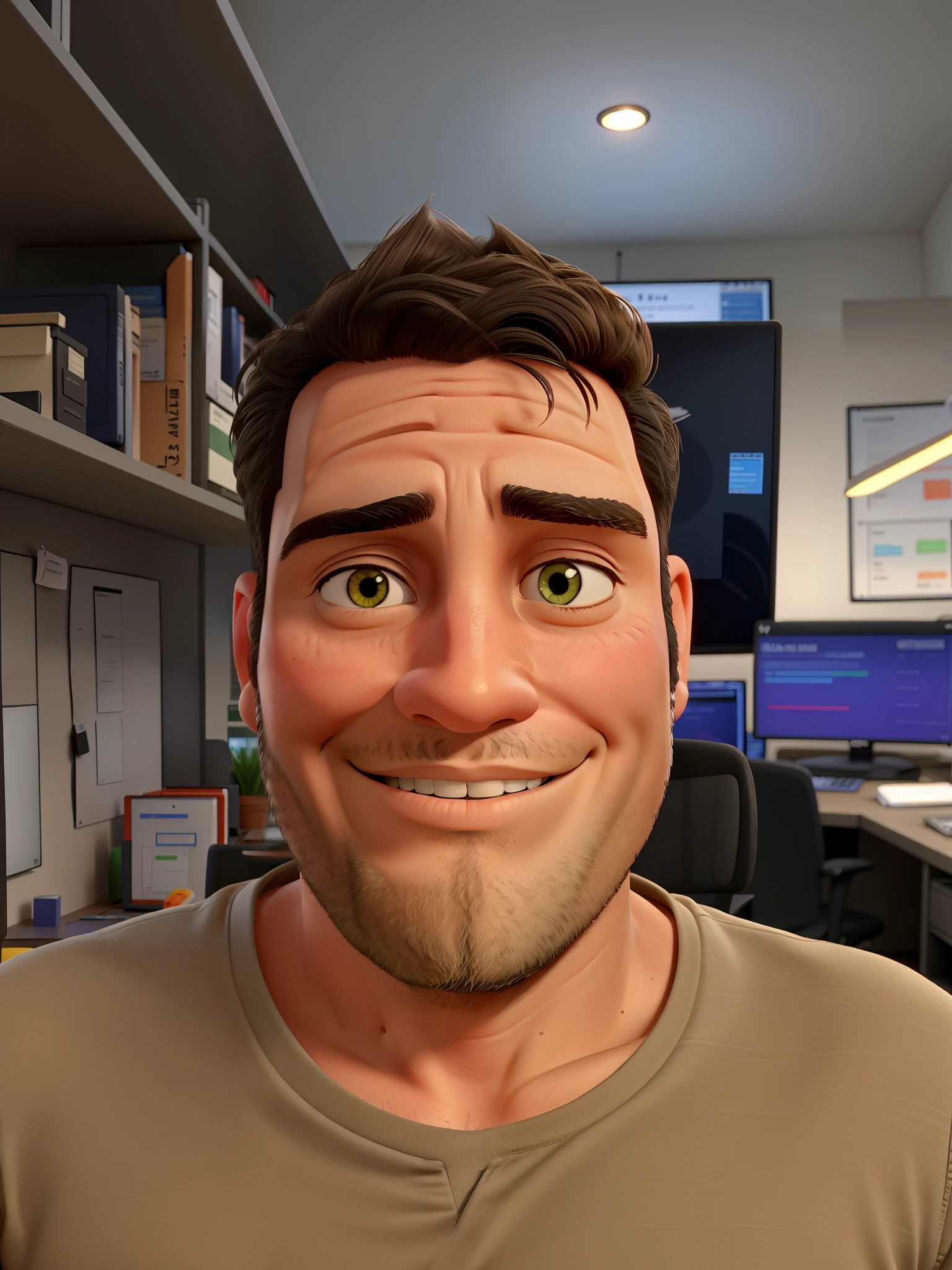 40-year-old man with a discreet smile, no beard, black hair, working in an office with a monitor behind him with an open financial market