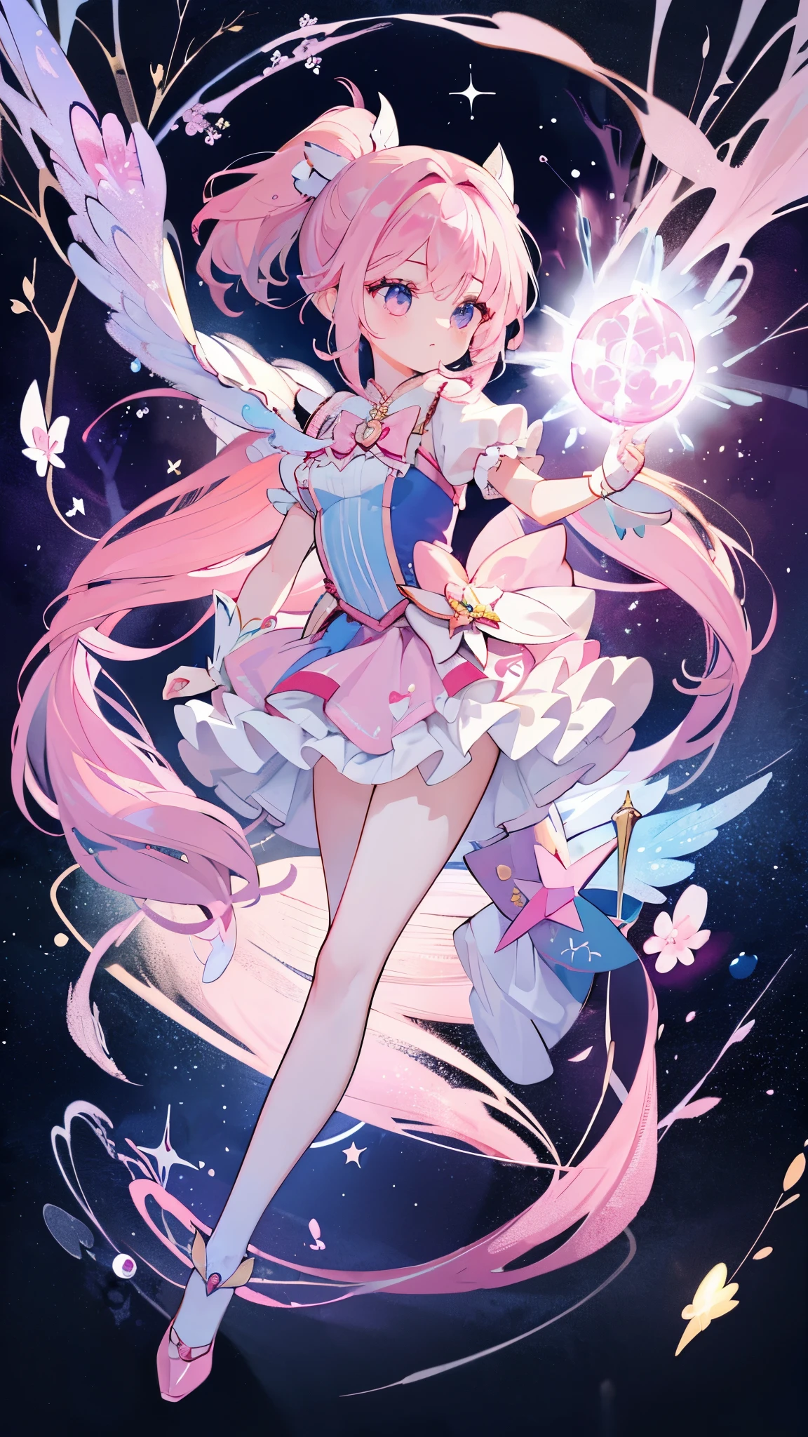 a girl、magic 、​Masterpiece、top quality、Top image quality、cute little、one with pink hair、Double ponytail long hair、magical girl costume、use magic