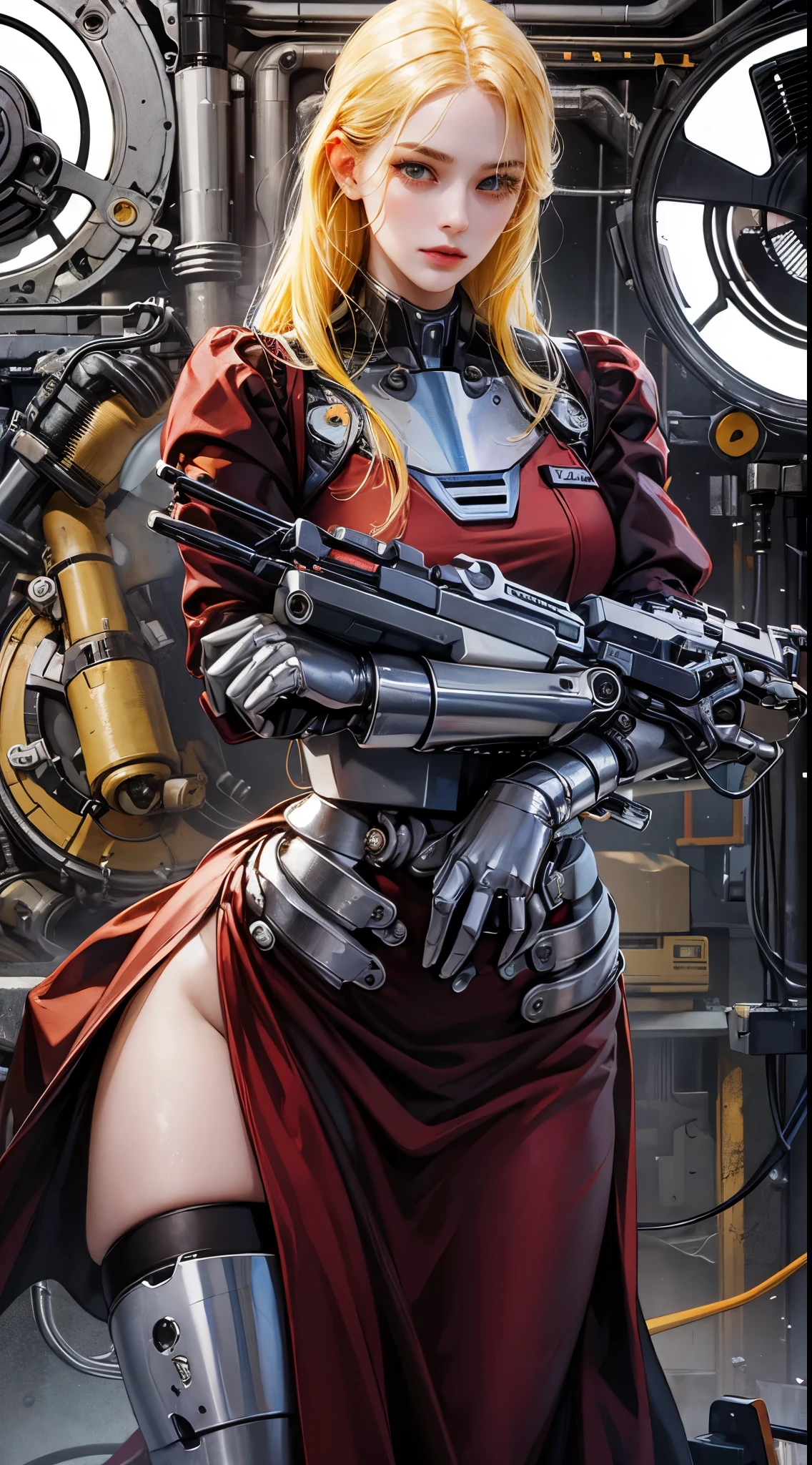 Beautiful woman, robotic eye(left), mechanical eye(left), cyborg prosthesis, yellow hair, robotic arms, robotic hands, wide hips, robotic legs, red dress, ventilator, electrical cables. Mechanical landscape, metallurgical blacksmith shop, construction zone.