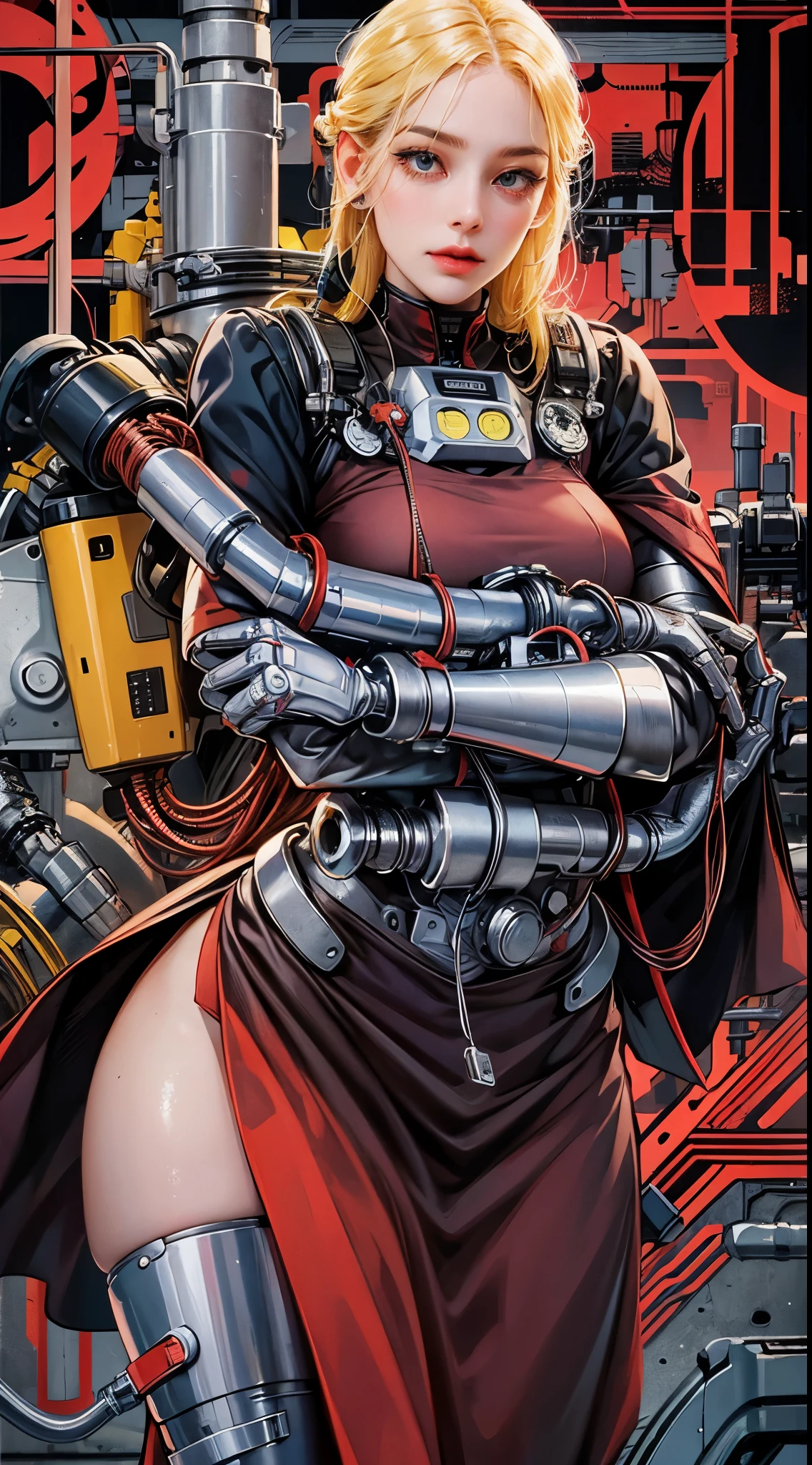 Beautiful woman, robotic eye(left), mechanical eye(left), cyborg prosthesis, yellow hair, robotic arms, robotic hands, wide hips, robotic legs, red dress, ventilator, electrical cables. Mechanical landscape, metallurgical blacksmith shop, construction zone.