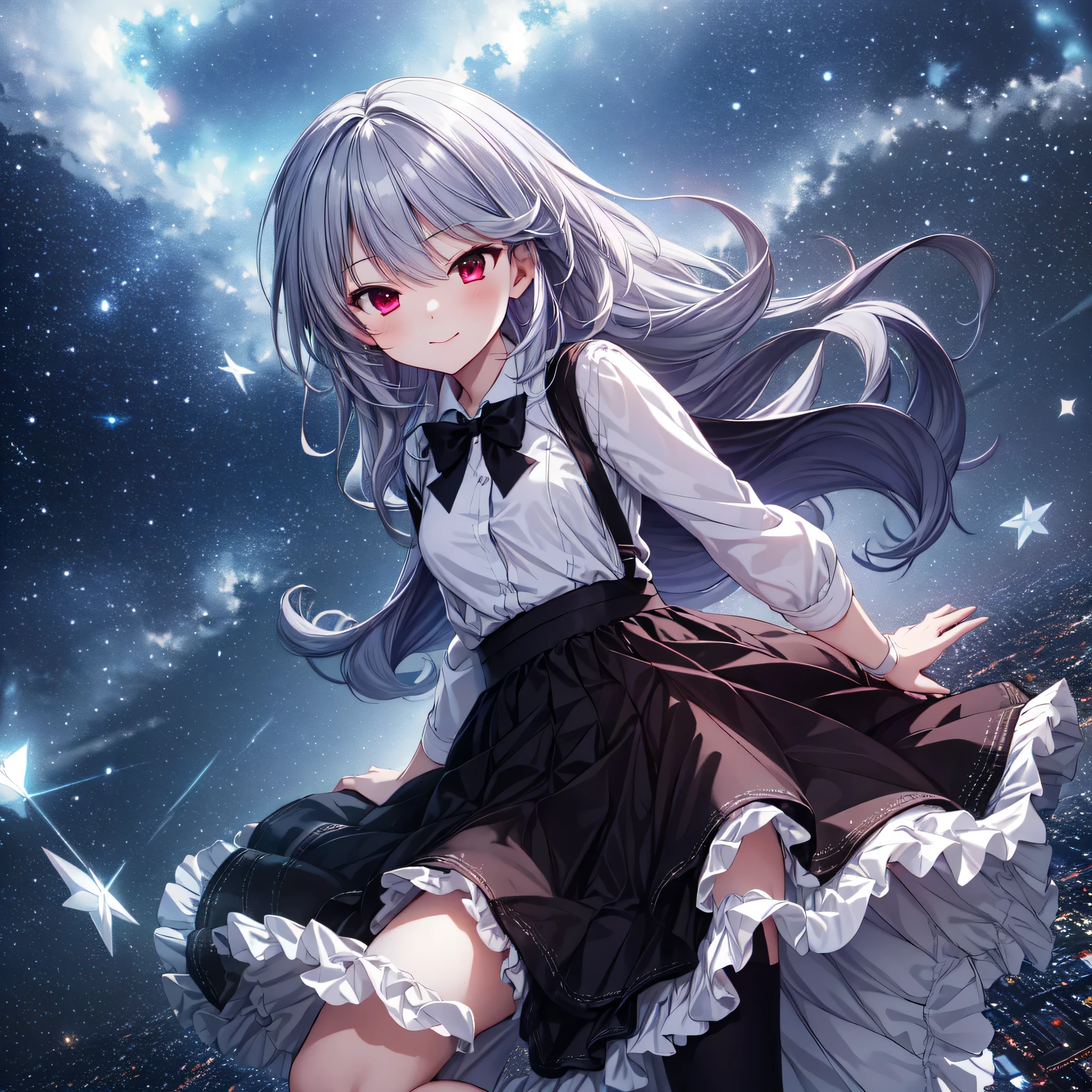 Super Detailed Game CG, (High resolution:1.1),(absurd:1.1), highest quality, High resolution, highest resolution, very detailed, anime, city, building roof, night, starry sky, pretty girl, 1 girl, kazami kazuki, silver hair, long hair, red eyes, small breasts, black bow, white knee highs, school uniform, white panties, light smile, (skirt lift:1.2), neon light, wind effect, reflection effect