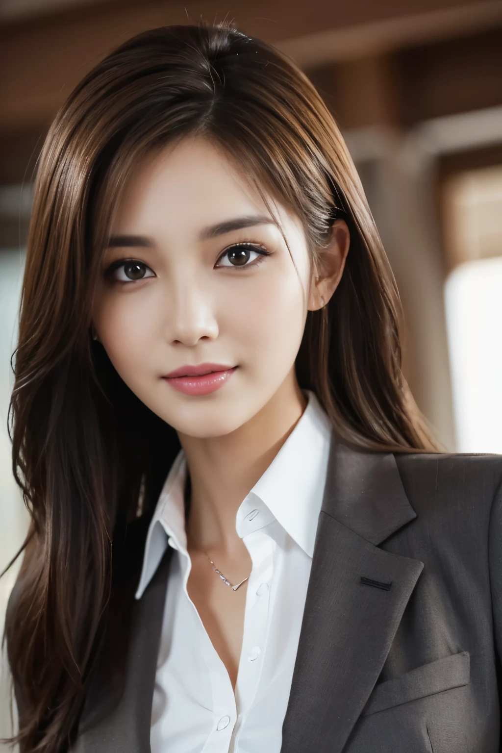 table top, highest quality, realistic, Super detailed, finely, High resolution, 8k wallpaper, 1 beautiful woman,, light brown messy hair, wearing a business suit, sharp focus, perfect dynamic composition, beautiful and detailed eyes, thin hair, Detailed realistic skin texture, smile, close-up portrait, model body shape
