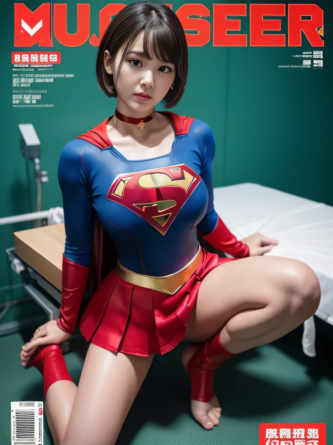 masterpiece、supergirl costume、short hair、barefoot、big and full breasts、operating room、operating table、Crisis situation、straddle、flowing sweat、shiny、look at the camera、provocation、Estrus、choker、Weekly magazine cover、long sleeve、red mini skirt、obscene pose、Seduce
