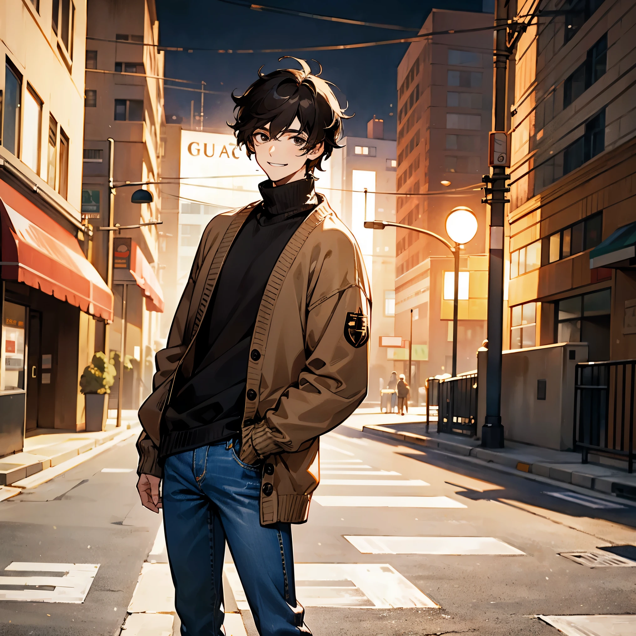 1male , Sneakers, Jeans , Brown Cardigan with the Gucci logo , White Turtleneck Sweater , Standing on sidewalk , Modern City Background, Dark Black Hair , Smiling Expression , Black Eyes, Messy Hair , Standing on sidewalk , Adult Male