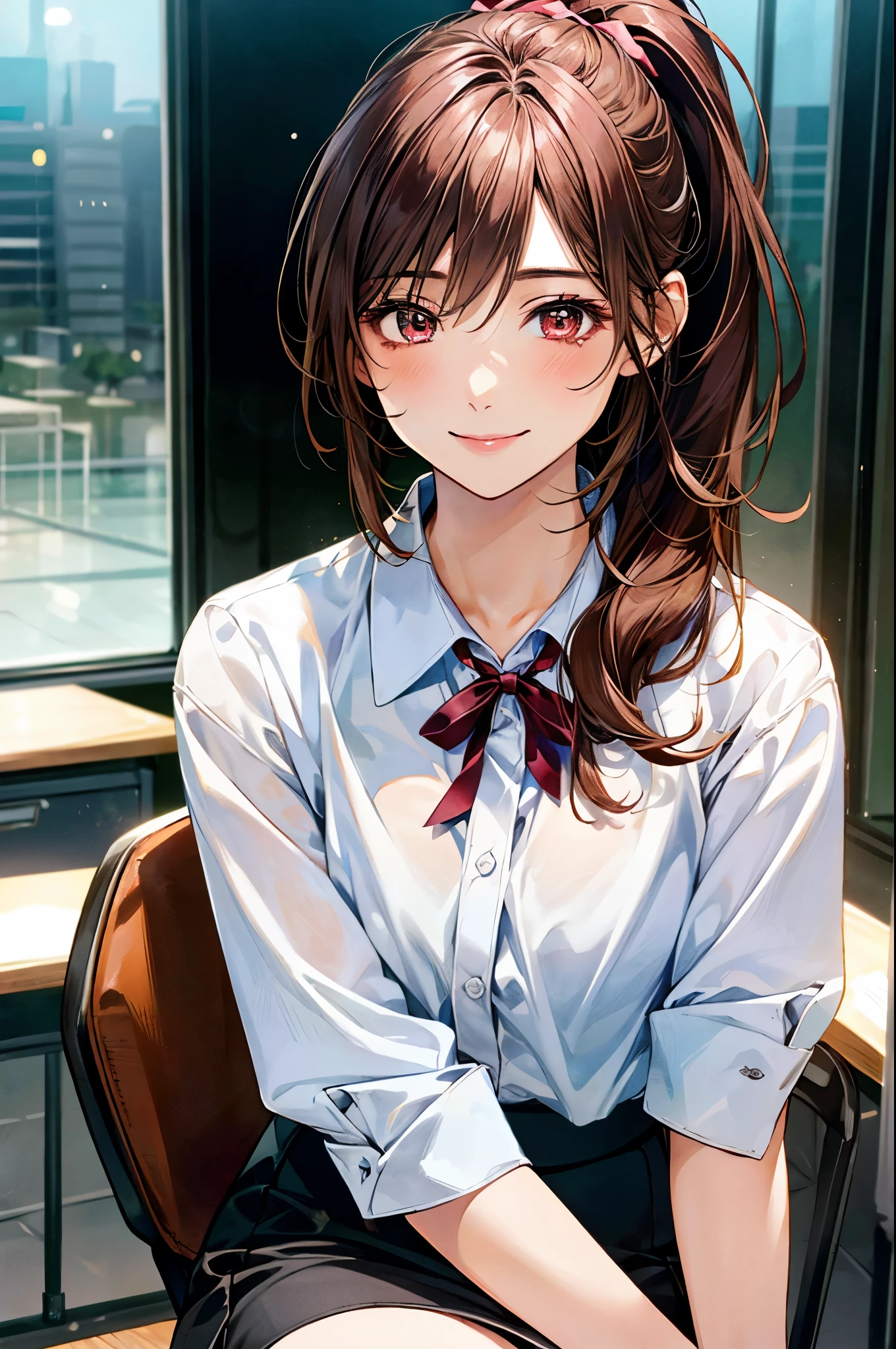 (masterpiece:1.3, top-quality), (realistic, photorealistic:1.4), beautiful illustration, (natural side lighting, movie lighting),
looking down, full body, from below, 1 girl, japanese, high school girl, perfect face, (perfect anatomy), cute and symmetrical face, shiny skin,
(long hair, ponytail, brown hair, pink hair ribbon), hair between eyes, brown eyes, long eye lasher, (large breasts: 0.8),
beautiful hair, beautiful face, beautiful detailed eyes, beautiful clavicle, beautiful body, beautiful chest, beautiful thigh, beautiful legs, beautiful fingers,
((insanely detailed clothes, white collared shirt, skirt)),
(beautiful scenery), depth of field, detailed background, evening, (office room), indoor, view of buildings, desks, sitting on chair, (smile),