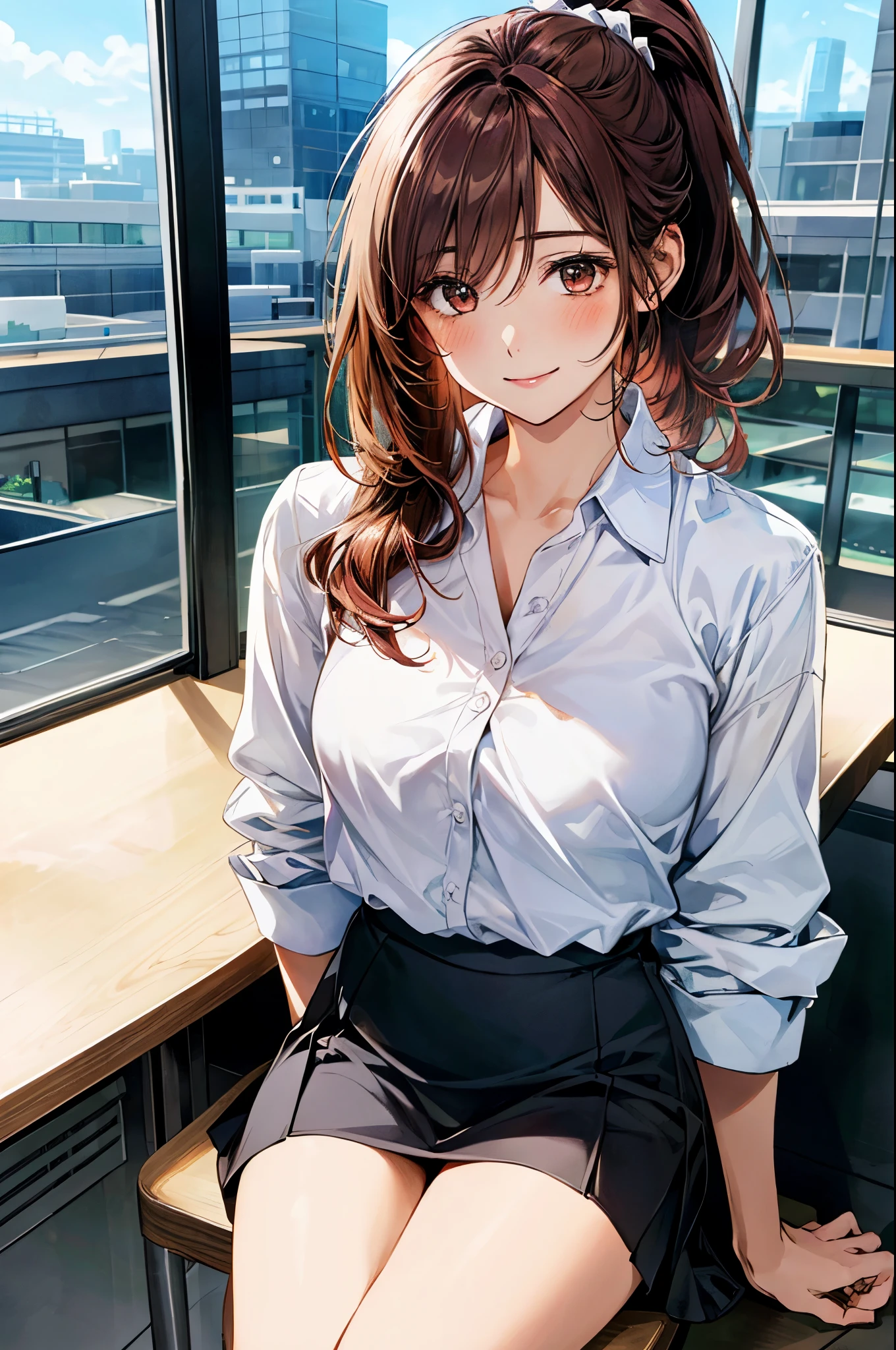 (masterpiece:1.3, top-quality), (realistic, photorealistic:1.4), beautiful illustration, (natural side lighting, movie lighting), 
looking down, full body, from below, 1 girl, japanese, high school girl, perfect face, (perfect anatomy), cute and symmetrical face, shiny skin, 
(long hair, ponytail, brown hair, pink hair ribbon), hair between eyes, brown eyes, long eye lasher, (large breasts: 0.8), 
beautiful hair, beautiful face, beautiful detailed eyes, beautiful clavicle, beautiful body, beautiful chest, beautiful thigh, beautiful legs, beautiful fingers, 
((insanely detailed clothes, white collared shirt, skirt)), 
(beautiful scenery), depth of field, detailed background, evening, (office room), indoor, view of buildings, desks, sitting on chair, (smile), 