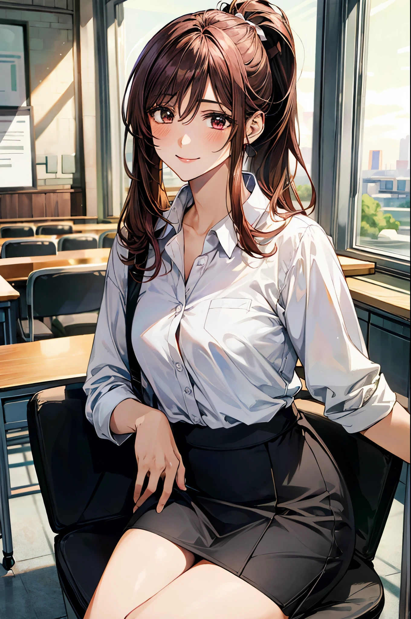 (masterpiece:1.3, top-quality), (realistic, photorealistic:1.4), beautiful illustration, (natural side lighting, movie lighting),
looking down, full body, from below, 1 girl, japanese, high school girl, perfect face, (perfect anatomy), cute and symmetrical face, shiny skin,
(long hair, ponytail, brown hair, pink hair ribbon), hair between eyes, brown eyes, long eye lasher, (large breasts: 0.8),
beautiful hair, beautiful face, beautiful detailed eyes, beautiful clavicle, beautiful body, beautiful chest, beautiful thigh, beautiful legs, beautiful fingers,
((insanely detailed clothes, white collared shirt, skirt)),
(beautiful scenery), depth of field, detailed background, evening, (office room), indoor, view of buildings, desks, sitting on chair, (smile),