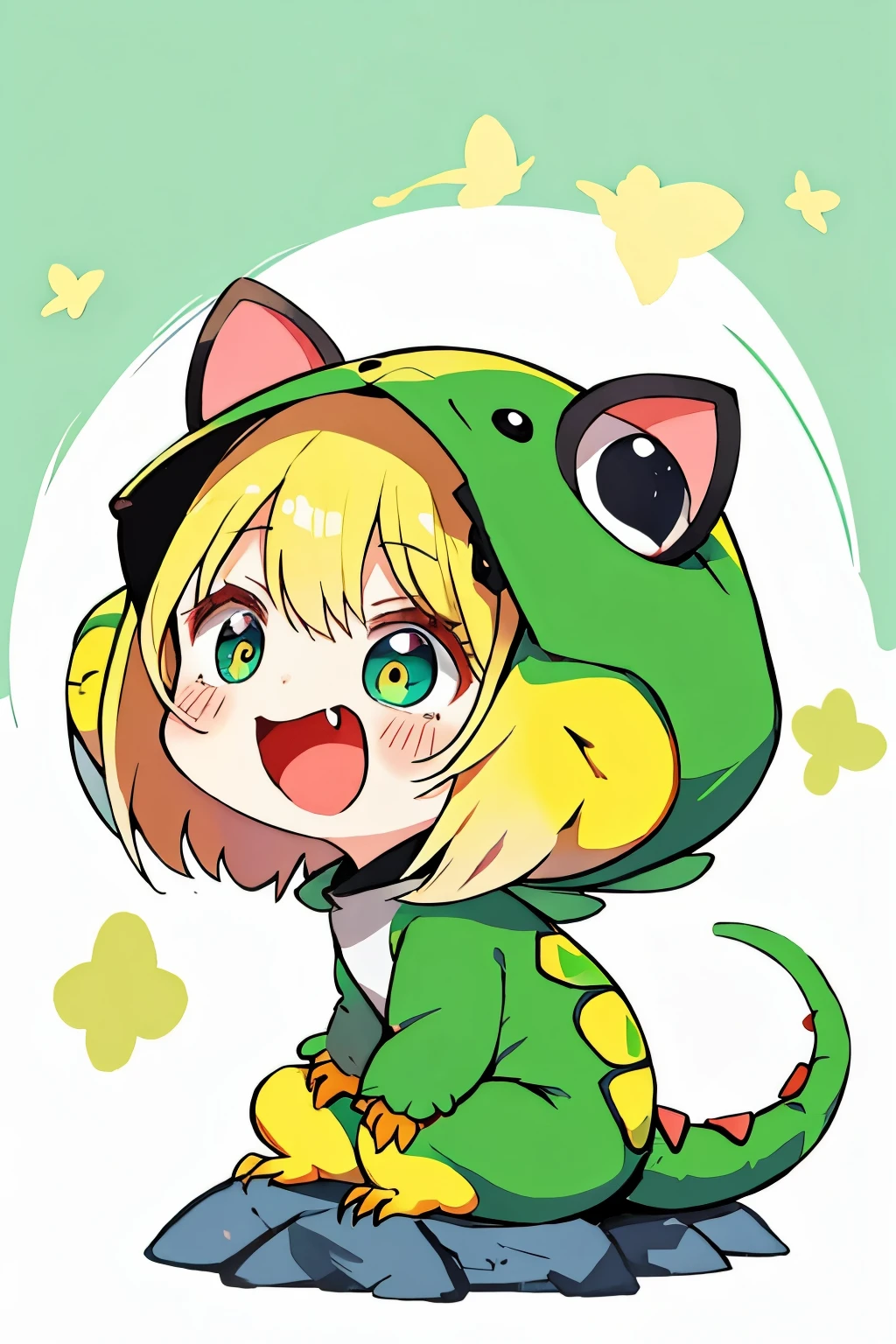 anime、Chibi girl wearing a deformed lizard costume、cute pose、Take a photo from the side、laughter