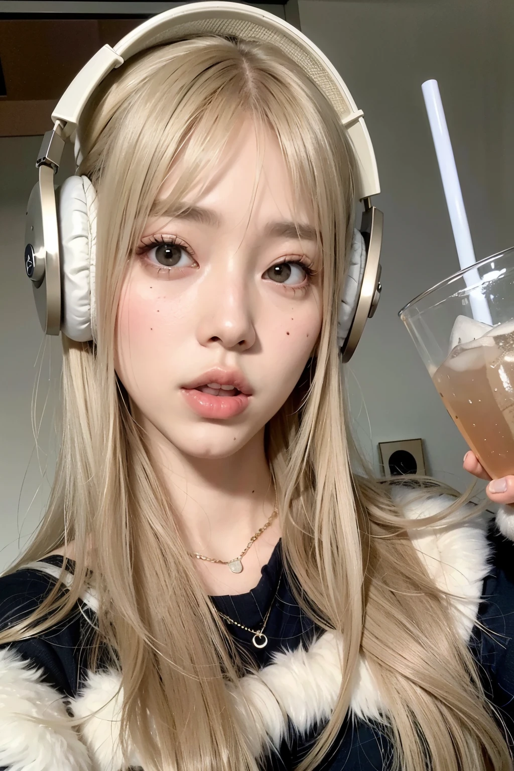Blonde girl with headphones and a drink in a room., ulzzang, Lalisa Manobal, parque roseanne de blackpink, Lalisa Manoban de Blackpink, muchacha coreana, bella delfina, pelo largo y blanco y flequillo, maquillaje popular de corea del sur, ig model | germen de arte, sakimichan, pelo largo y rubio y ojos grandes, cabello con flequillo blanco