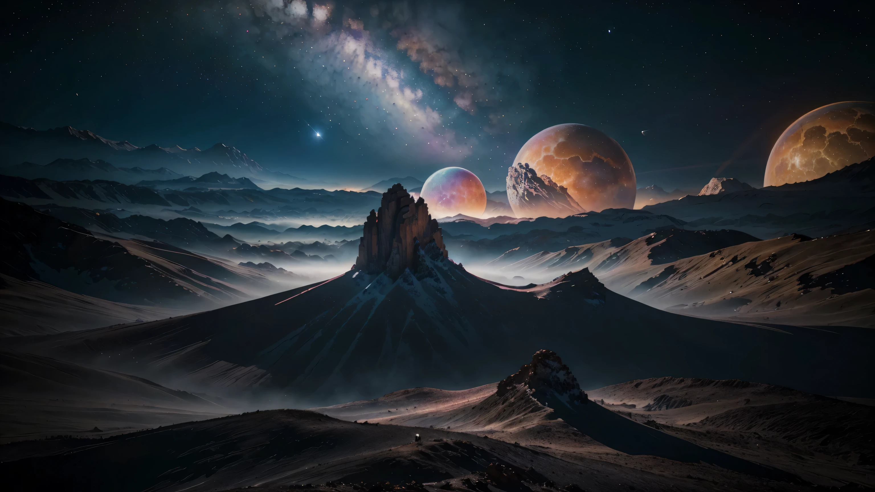 (best quality,4k,8k,highres,masterpiece:1.2),ultra-detailed,(realistic,photorealistic,photo-realistic:1.37), wallpaper, sci-fi space theme ,alien planet, psychedelic atmosphere, glowing nebulas, cosmic dust particles, colorful lighting