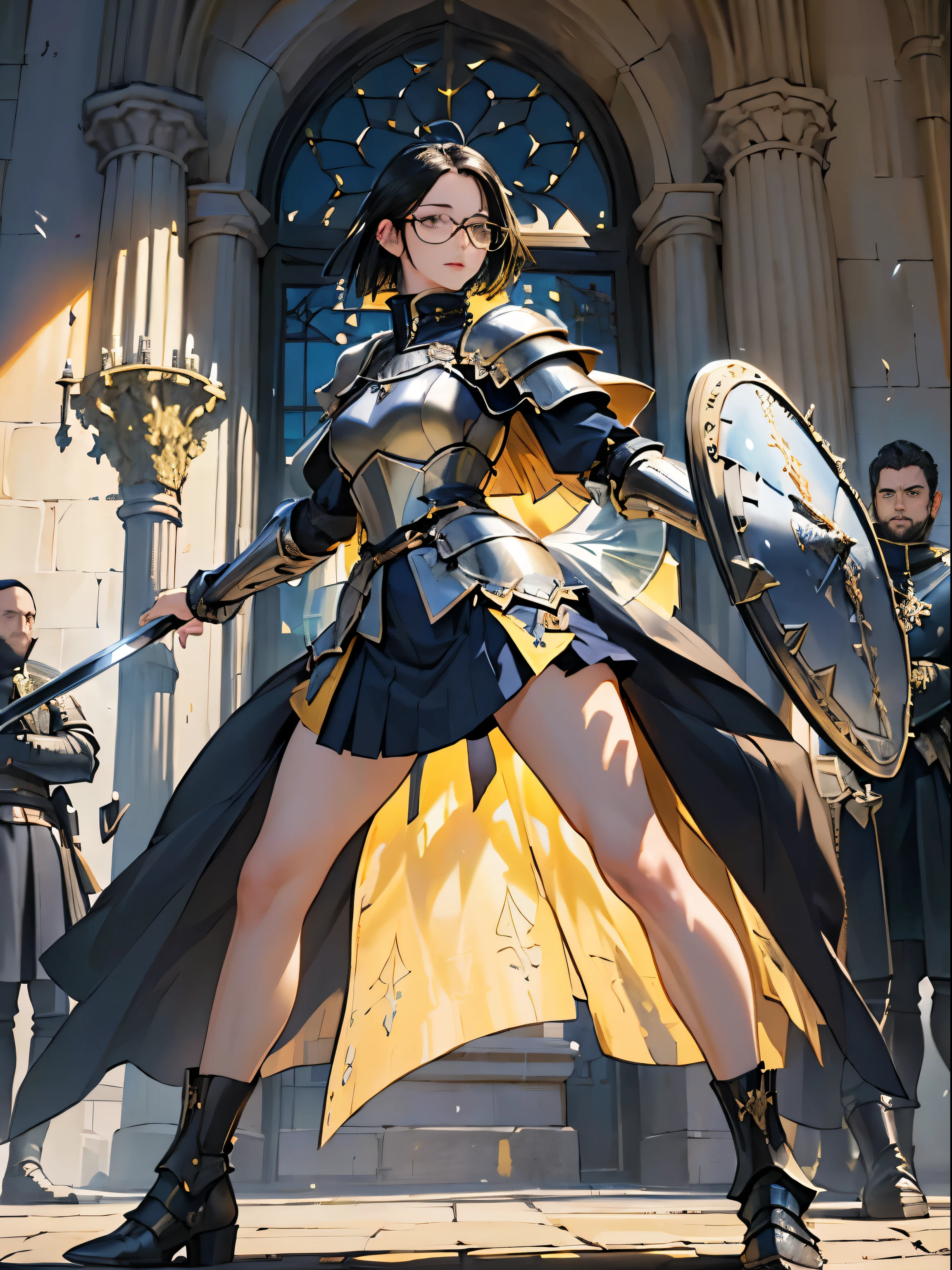 (((((middle-aged women))))), masterpiece, super detailed, 8K portrait, RAW photo, portrait photography, highly detailed face, ((fantasy)), 1 female, (((female knight))), (((Dynamic standing pose with legs spread))), 33 years old, (((((expensive))))), (((small eyes))), Glasses, (((straight black bob hair))), ((hair above one eye)), (((white skin color))), (((Navy blue heavy armor and see-through medium skirt))), (((yellow long cloak))) fluttering in the wind, (((High Cut Iron Shoes))), (((Equip a long sword and a very large shield))), midday sun, surreal, body model, small breasts, beautiful breasts, (big ass), (thick thighs), long legs, In the medieval adventurer's guild, environmental lighting, shadow details , focus the camera on the face, strong wind, light fog