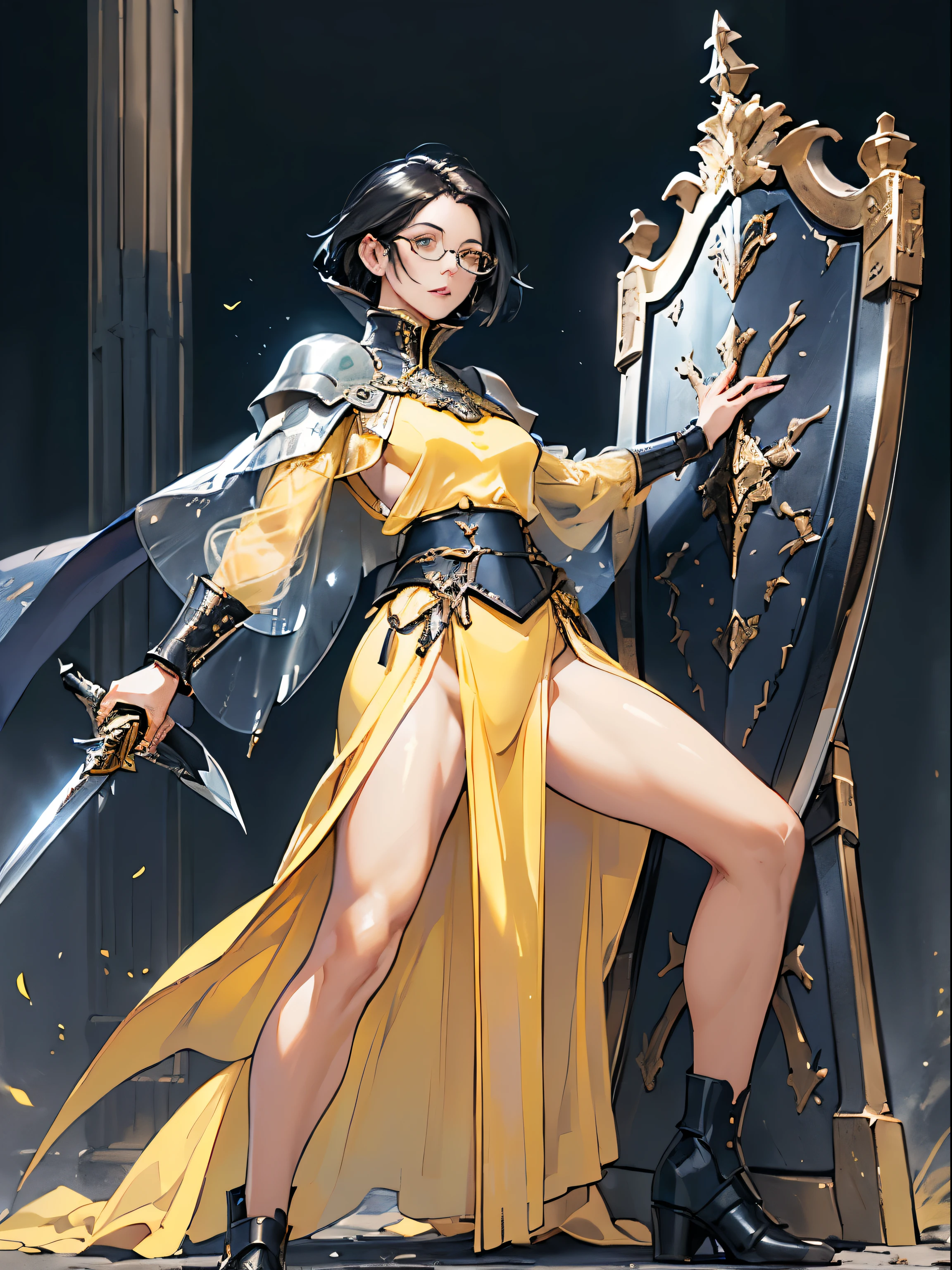 (((((middle-aged women))))), masterpiece, super detailed, 8K portrait, RAW photo, portrait photography, highly detailed face, ((fantasy)), 1 female, (((female knight))), (((Dynamic standing pose with legs spread))), 33 years old, (((((expensive))))), (((small eyes))), Glasses, (((straight black bob hair))), ((hair above one eye)), (((white skin color))), (((Navy blue heavy armor and see-through medium skirt))), (((yellow long cloak))) fluttering in the wind, (((High Cut Iron Shoes))), (((Equip a long sword and a very large shield))), midday sun, surreal, body model, small breasts, beautiful breasts, (big ass), (thick thighs), long legs, In the medieval adventurer&#39;s guild, environmental lighting, shadow details , focus the camera on the face, strong wind, light fog