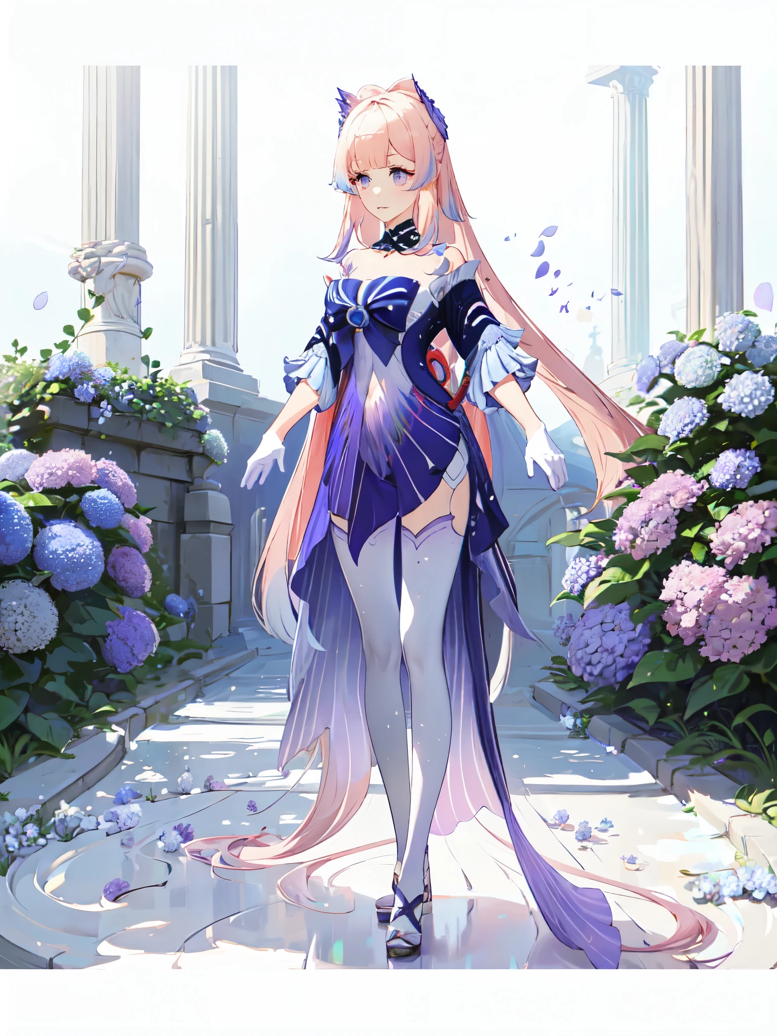 ((masterpiece,best quality)),(negative space:1.4),(1 girl, alone:1.4),Beautiful and delicate eyes,flowing pink hair, breast,long hair, long white stockings, White gloves, lavender hydrangeas around, hydrangeas, lavender flowers, pink flowers, ancient ruins, List, greek architecture, Walking whole body in puddles