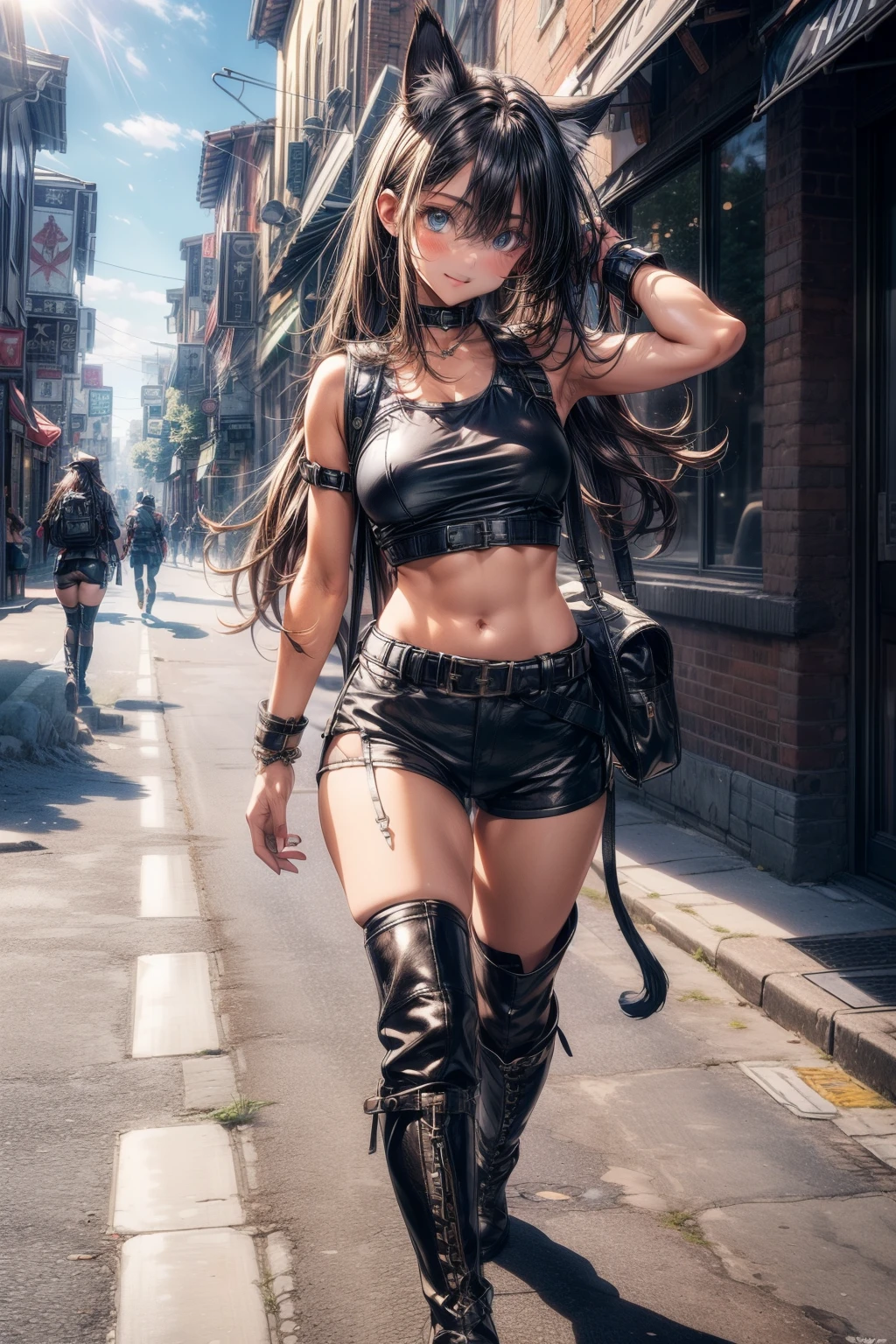 (best quality, masterpiece, ultra high resolution), (8k wallpaper, high-definition, HDR, RAW), (authenticity: 1.4), (full body shot), 1girl, ((Anime catgirl)), ((Fantasy adventurer)), ((Fluffy Cat ears)), ((Brown flowing hair)), ((Blue eyes)), amazing slim body, female curves, big breasts, thick thighs, sexy flat tummy, perfect hands, praying, ((wearing tight tanktop)), ((Thight leather shorts)), ((leather boots)), ((leather backpack)), walking, ((Happy)), Cozy town, road through town, sun illumination, sunny day illumination, sun rays