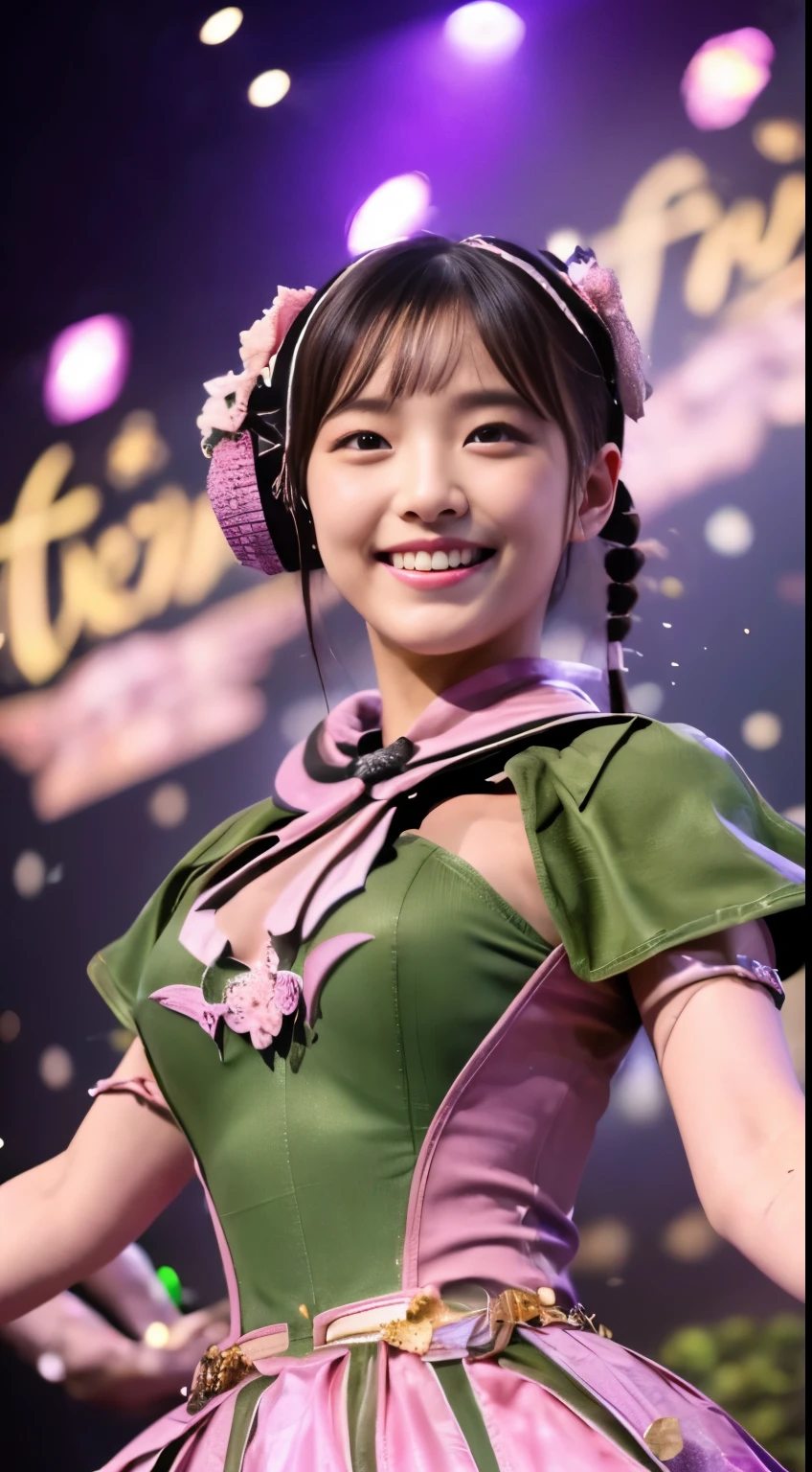 ((masterpiece、highest quality))、shape、Super detailed、8k、realistic、sharp focus、very detailed、professional lighting、colorful details、(((top idol beauty)))、(((unparalleled beauty)))、(((historical beauty)))、detailed texture、skin moisture、shiny skin、perfect style、 body、Esbian、bow、((precise fingers:1.55))、(earth defense force costume:1.5)、(dance violently:1.4)、(pink metallic color)、(On stage of Earth Defense Force&#39;s luxury spaceship set)、in front of a packed audience、look at the audience、18-year-old、shine、intricate details、Shitsumeka、1 A woman stands in front of the camera、belly button、smile