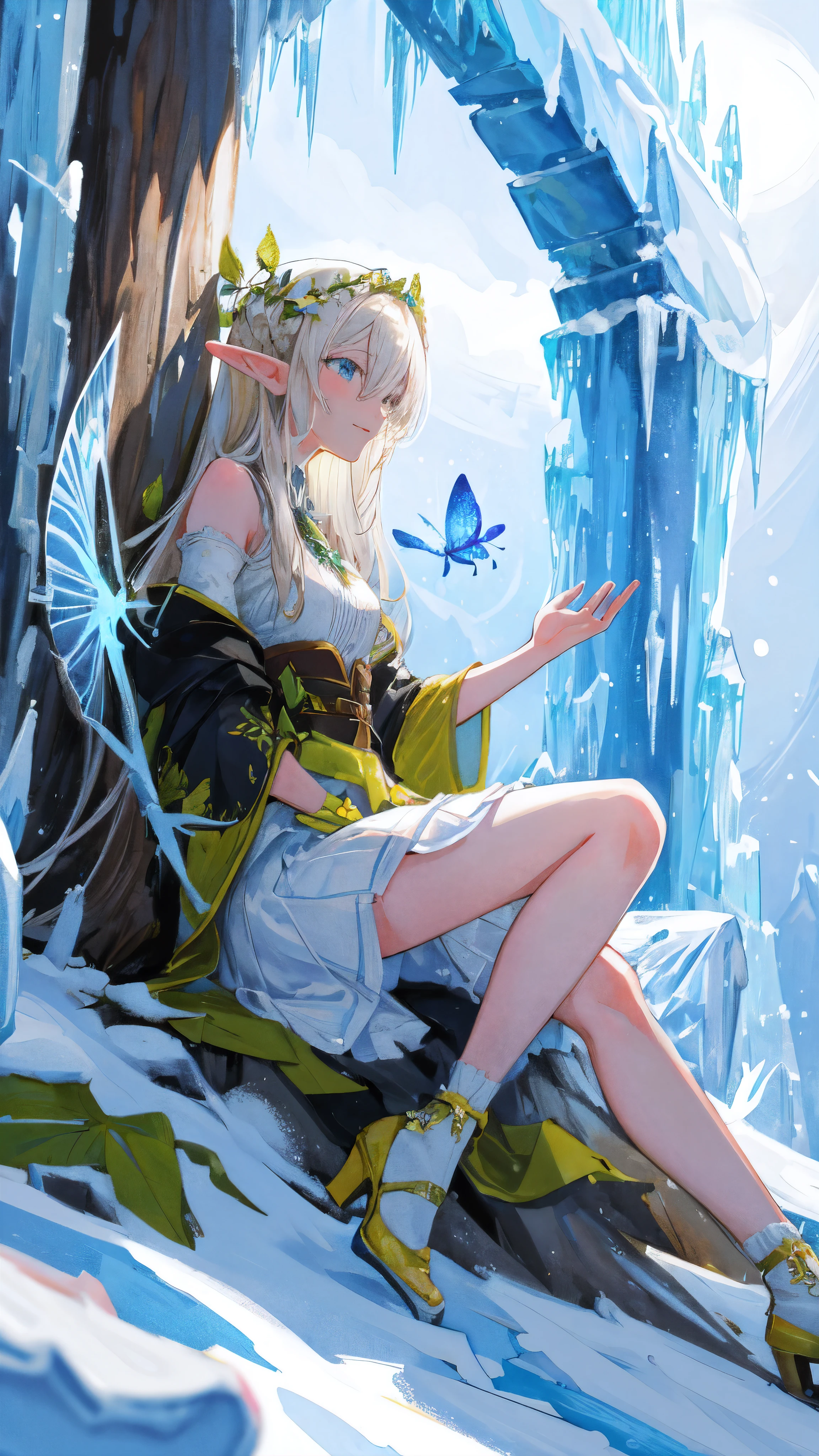 ((masterpiece, best quality)), official art, 8k wallpaper, super detailed, Vibrant watercolor cartoon illustration on rough paper, a beautiful Elf saintess is playing with a young dragon in the garden of an ((ice castle)). She spots a glowing butterfly and chases it. Her white skirt flutters in the wind, Her golden hair shines in the sun. Little dragon and butterfly fly happily. Sometimes he would sit on the head of the saint，whisper to her softly. they laugh together，Marvel at ice flowers and snow crystals. The scene was peaceful、joy, View from the side of the garden. depending on...design (Amano Yoshitaka:0.23), rest, (Elf), (1 girl), alone, perfect face, Attention to detail, blunt bangs, (hair between eyes), white blonde, blue eyes, Ategg's style art, by kavasi, by Vadim Kashin,