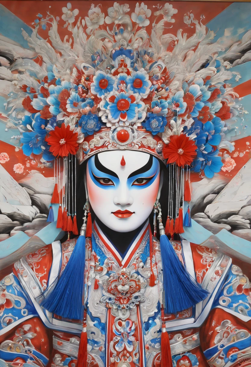 (Graffiti art wall) of Chinese Peking Opera, exquisite facial features, Detailed drawing, eyelash，long hair，Exquisite makeup，Exquisite headdress，flower headdress，tassel，pearl, gorgeous costumes, flat pencil drawing, best quality, masterpiece, Representative work, official art, Professional, Ultra intricate detailed, 8k，blue，red