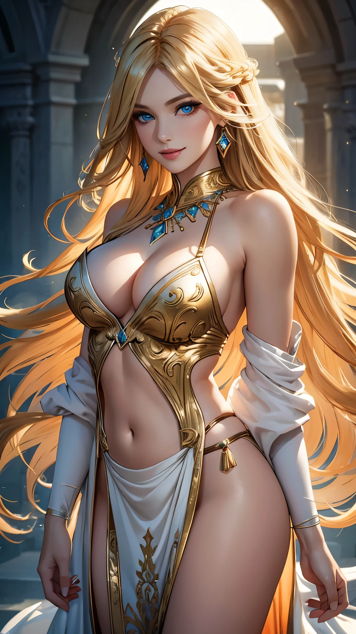 (best quality,ultra-detailed,photo-realistic:1.37),bright and vibrant colors,studio lighting,playful expression,stylish makeup,long blonde hair flowing in the wind,alluring eyes,glossy lips,sexy pose, Medieval, Shangri-La, smiling in a confident and seductive way,posing for a professional photoshoot,shallow depth of field,highlighting the main subject,soft natural lighting,creating a dreamy and magical atmosphere.