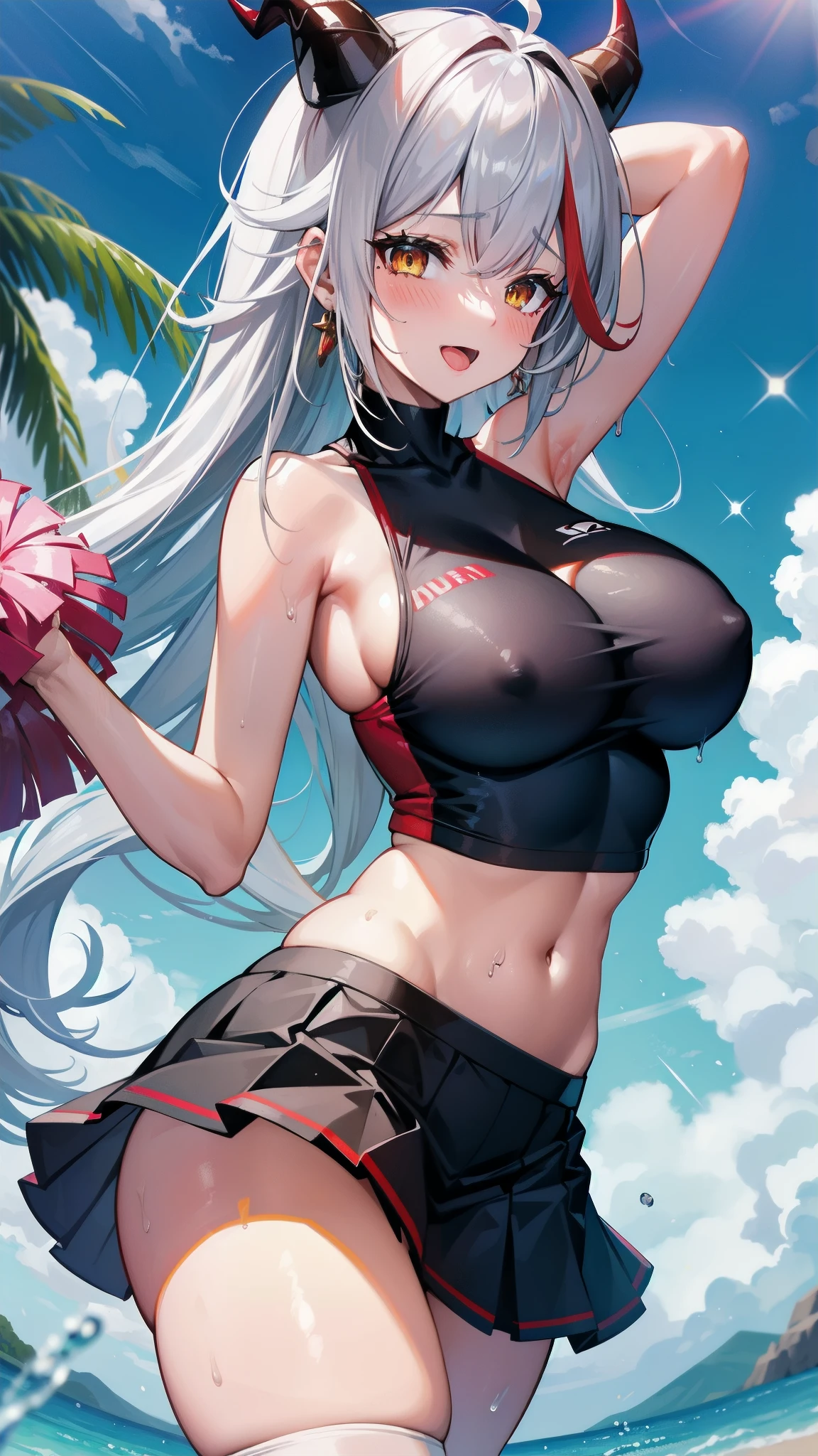 open mouth, huge breasts, looking at the audience, white hair,,long hair,black horn,red multicolored hair,yellow eyes,,slim, ,cowboy shot,,blush,bright screen,smile,bare shoulder,cheerleader, skirt,cleavage,standing,wet clothes,,navel,skirt,embarrassed,orgasm,ahegao,open arms,cowboy shot,sweat,pom pom,pantie,blue sky,outdoor