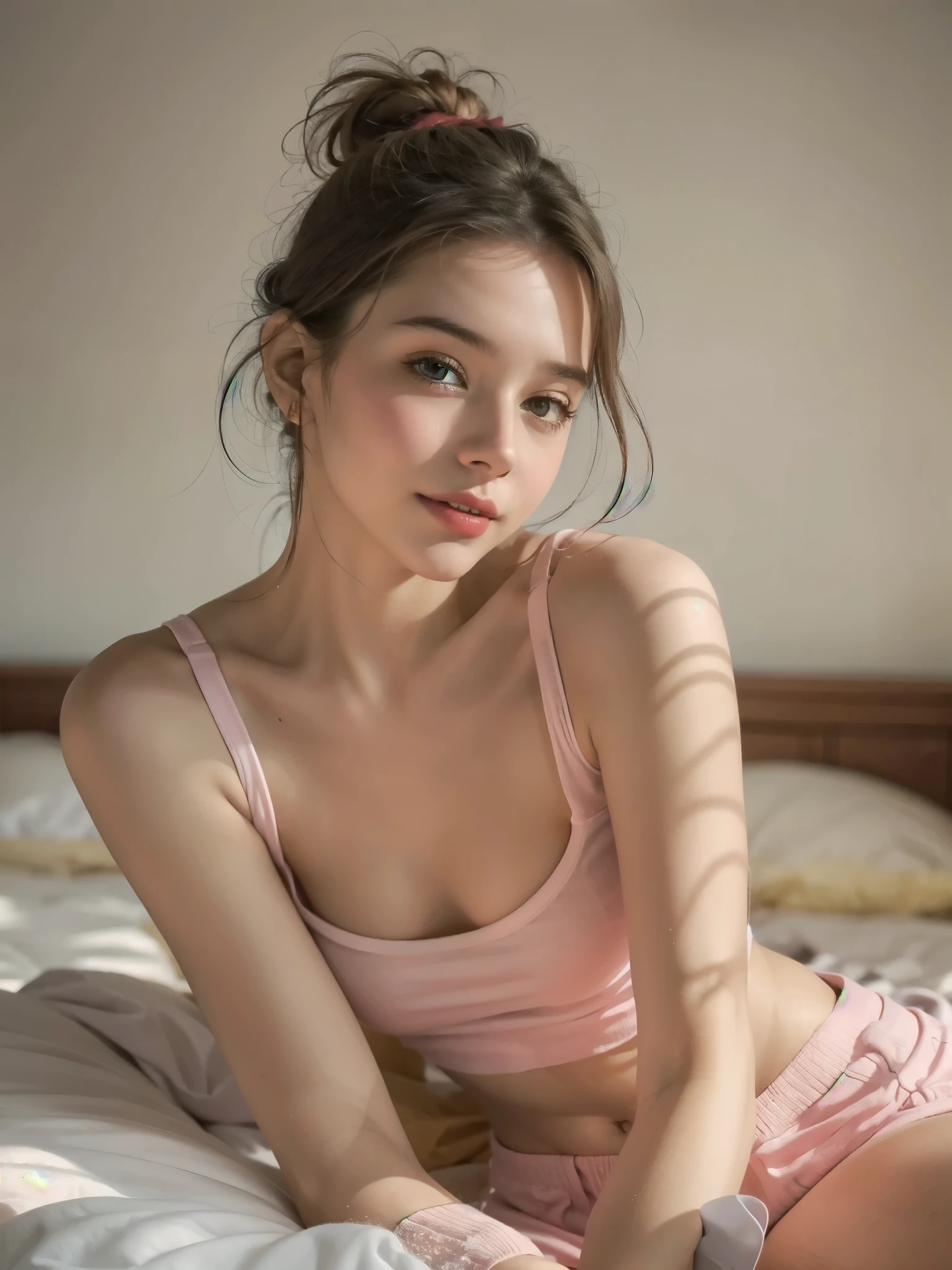 Top quality, full body portrait, delicate face, 20-year-old girl, slim figure, very small bust, thin and long legs, small buttocks,  translucent pink G-string panties,romantic scene, tall standing, transparent camel toe with mysterious crotch, side of bed