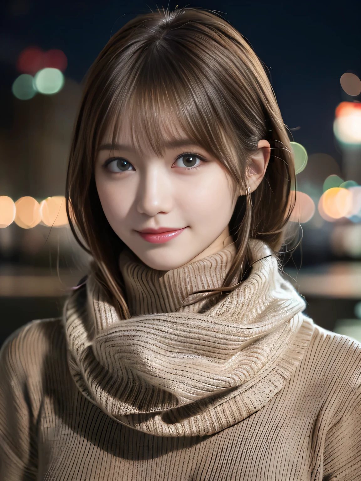 1 girl,(scarf, turtleneck sweater:1.4),(RAW photo, highest quality), (realistic, Photoreal:1.4), table top, very delicate and beautiful, very detailed, 8k wallpaper, wonderful, finely, very detailed CG Unity, High resolution, soft light, Beautiful detailed 19 year old girl, very detailed目と顔, beautifully detailed nose, finelyて美しい目,cinematic lighting,night city lights,perfect anatomy,slender body,smile (hair is dirty, asymmetrical bangs, light brown hair,)