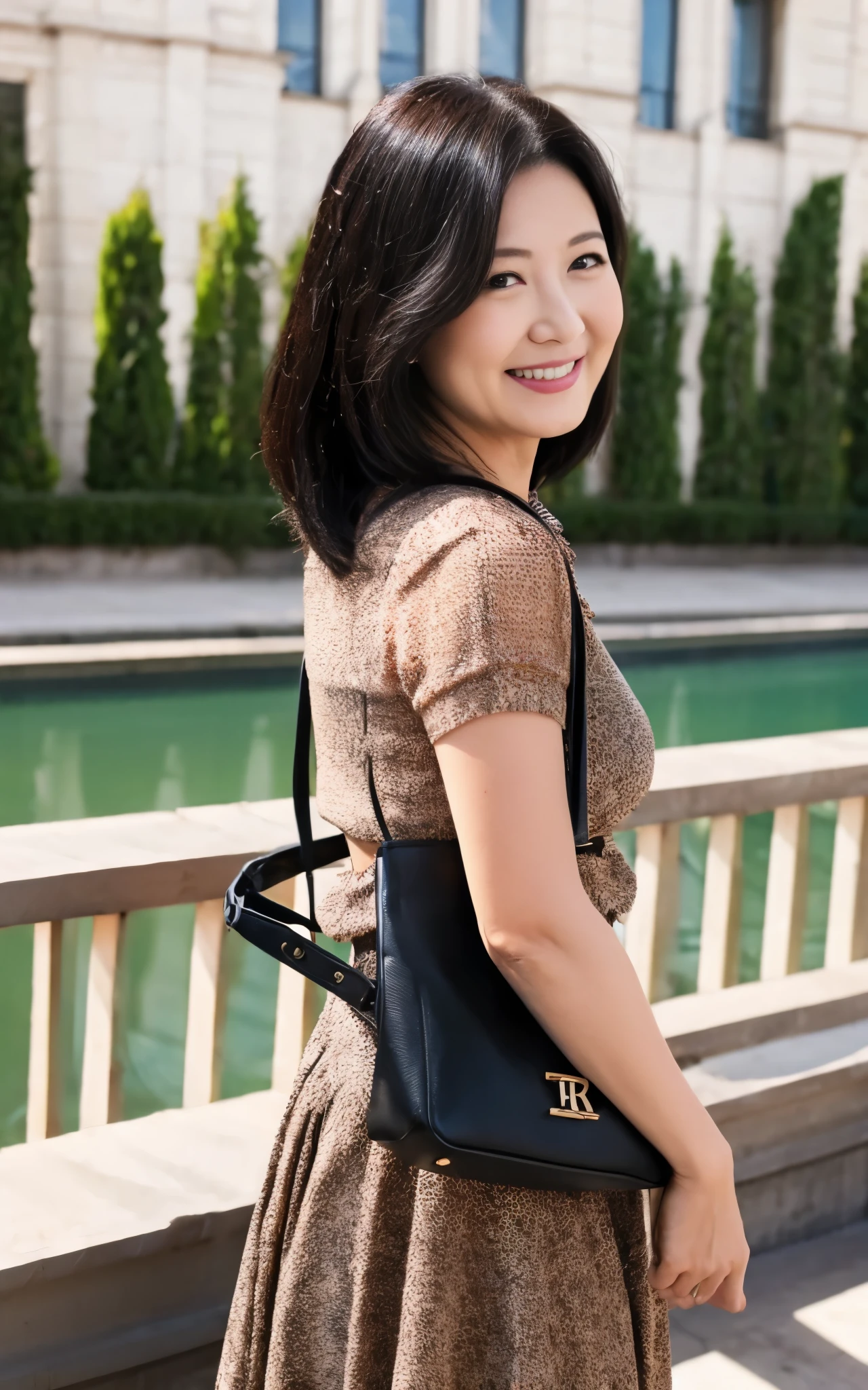 beautiful Woman, standing, She has her hands behind her back and is holding a handbag, A woman wearing a brightly colored knit and skirt, Natural wrinkles. Wrinkles at the corners of the eyes, highest quality, Mature, 45 years old, bewitching smile, woman of good style, Temptation.Looking at viewer, Black hair,Perfect fingers.