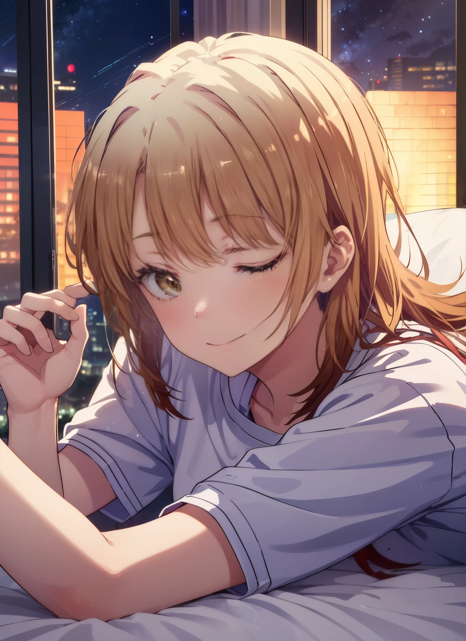 irohaisshiki, Isshiki Iroha, long hair, light brown hair, smile,windows,romantic starry sky,A meteor crosses,T-shirt,yellow,open clothes,sleeping in bed,night,sleep with your head on the pillow,dark room,night,
destroy indoors, destroy the bedroom (masterpiece:1.2), highest quality, High resolution, unity 8k wallpaper, (shape:0.8), highly detailed face, perfect lighting, Very detailed CG, (perfect hands, perfect anatomy),